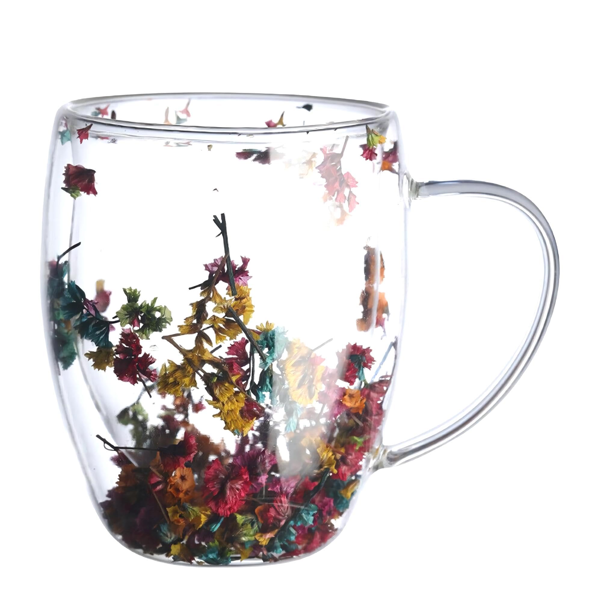 Hoquare Dry Flowers Double Walled Coffee Mugs Insulated Thermal Coffe Glasses Large Tea Cups Clear Glass Cups for Latte Cappuccino Macchiato Hot or Cold Drinks (350ML-light Color)