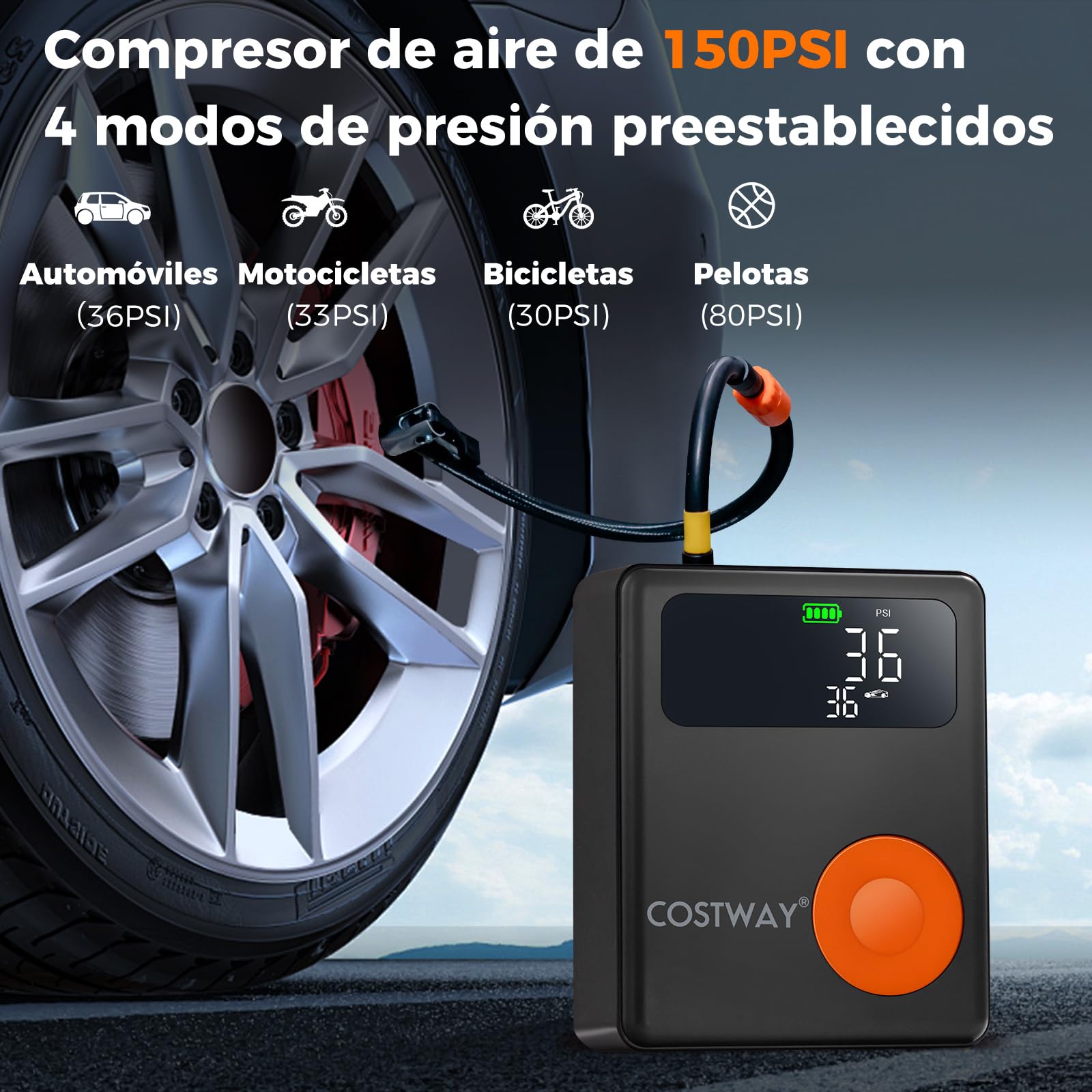 COSTWAY Arrancador de Batería de Coche, 2000A 12V 13000mAh con Compresor de Aire, Inflador de Neumáticos Digital de 150PSI, Pantalla LED, y Luz de Emergencia, para 8L de Gasolina y 5L de Diésel