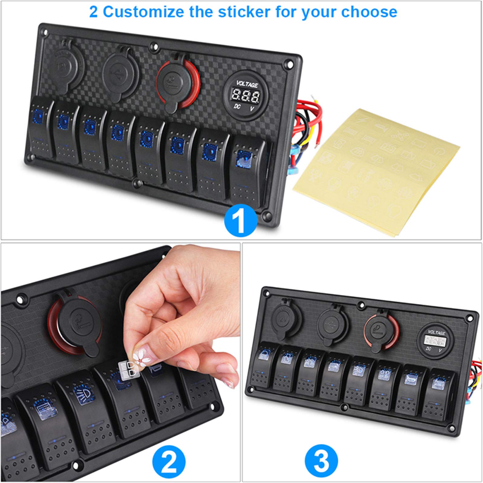 KAOLALI Pannello di Interruttori Basculanti, Interruttore a Levetta con 3/6/8 interruttori Presa Accendisigari 12 V Voltmetro 3,1 A Doppio Caricatore USB per Campera Furgone Caravana Barca Auto RV