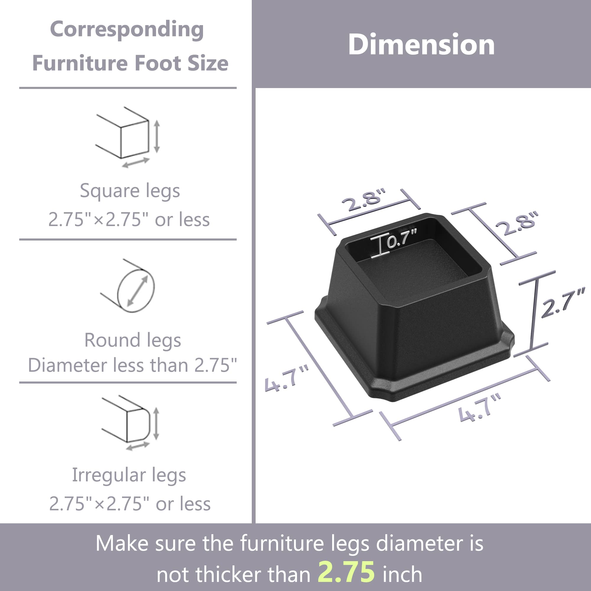 Napnapday Bed Risers 2 Inch Heavy Duty Bed Furniture Elevators, 1,500 lbs Lifts Up Riser for Sofa and Table Set of 4, Black