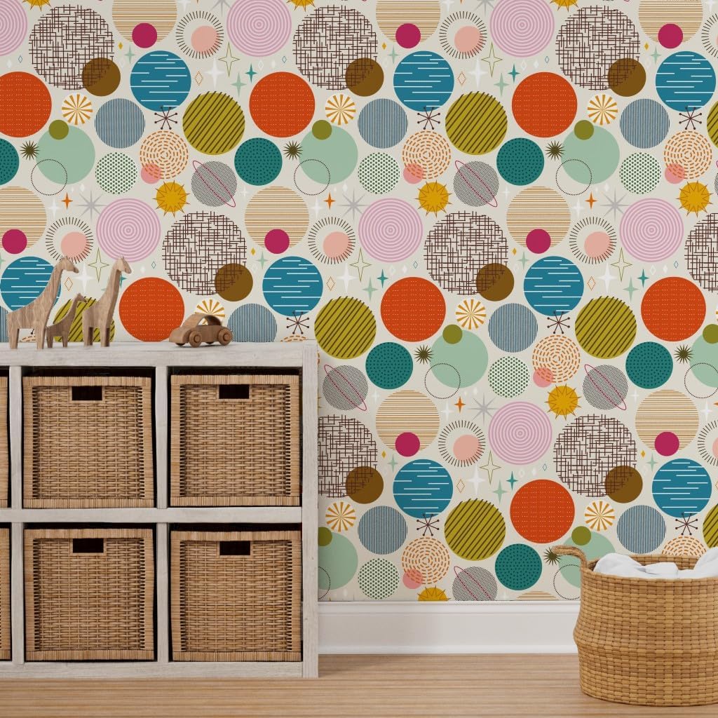 Peel & Stick Wallpaper 3ft x 2ft - Time Space Galaxy Outer Planets Midcentury Modern Custom Removable Wallpaper by Spoonflower