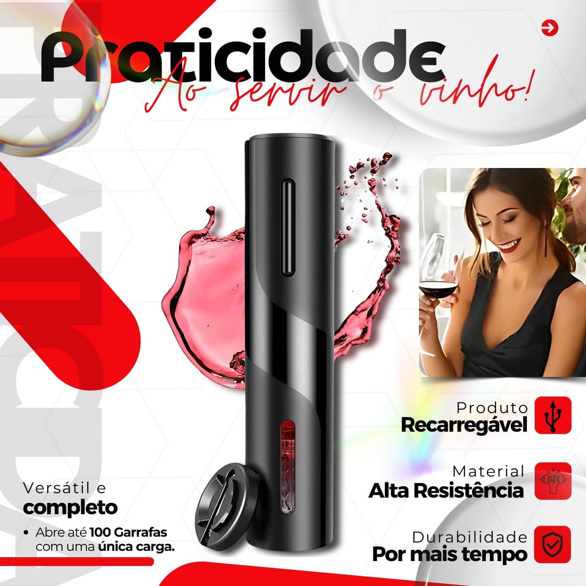 Abridor De Vinho Elétrico Saca Rolhas Automático Recarregável Usb Kit 4 Peças