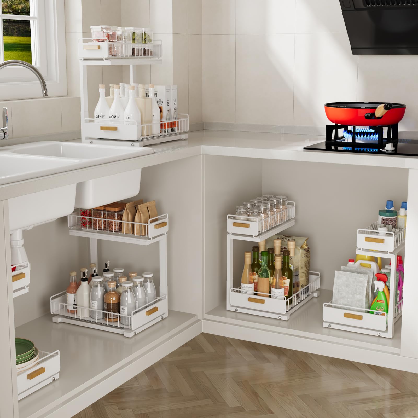 Organizer für die Küche unter der Spüle, verbesserte professionelle Schienen, 2 Etagen, 2 Ebenen, ausziehbarer Schrank, höhenverstellbar, Stauraum unter der Spüle, Metallschublade für Küche und Bad