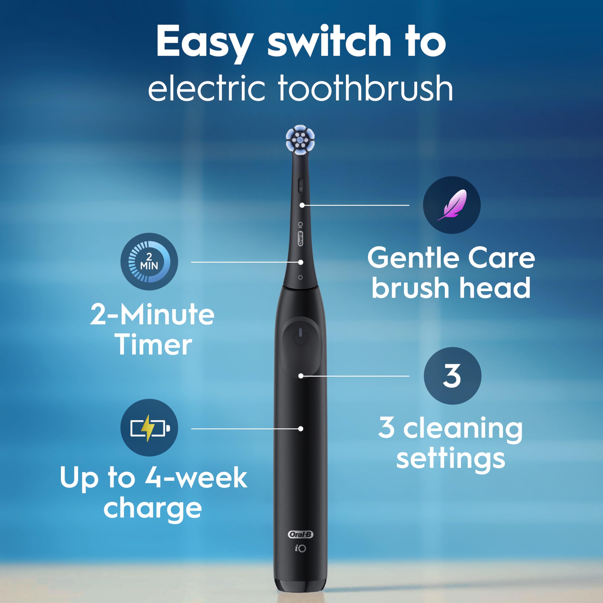 Oral-B iO Simple Clean Rechargeable Electric Powered Toothbrush, Night Black with 1 Gentle Care Brush Head and 1 Black Travel Case - Automatic Pressure Sensor to Protect Gums - 3 Modes - 2 Min Timer