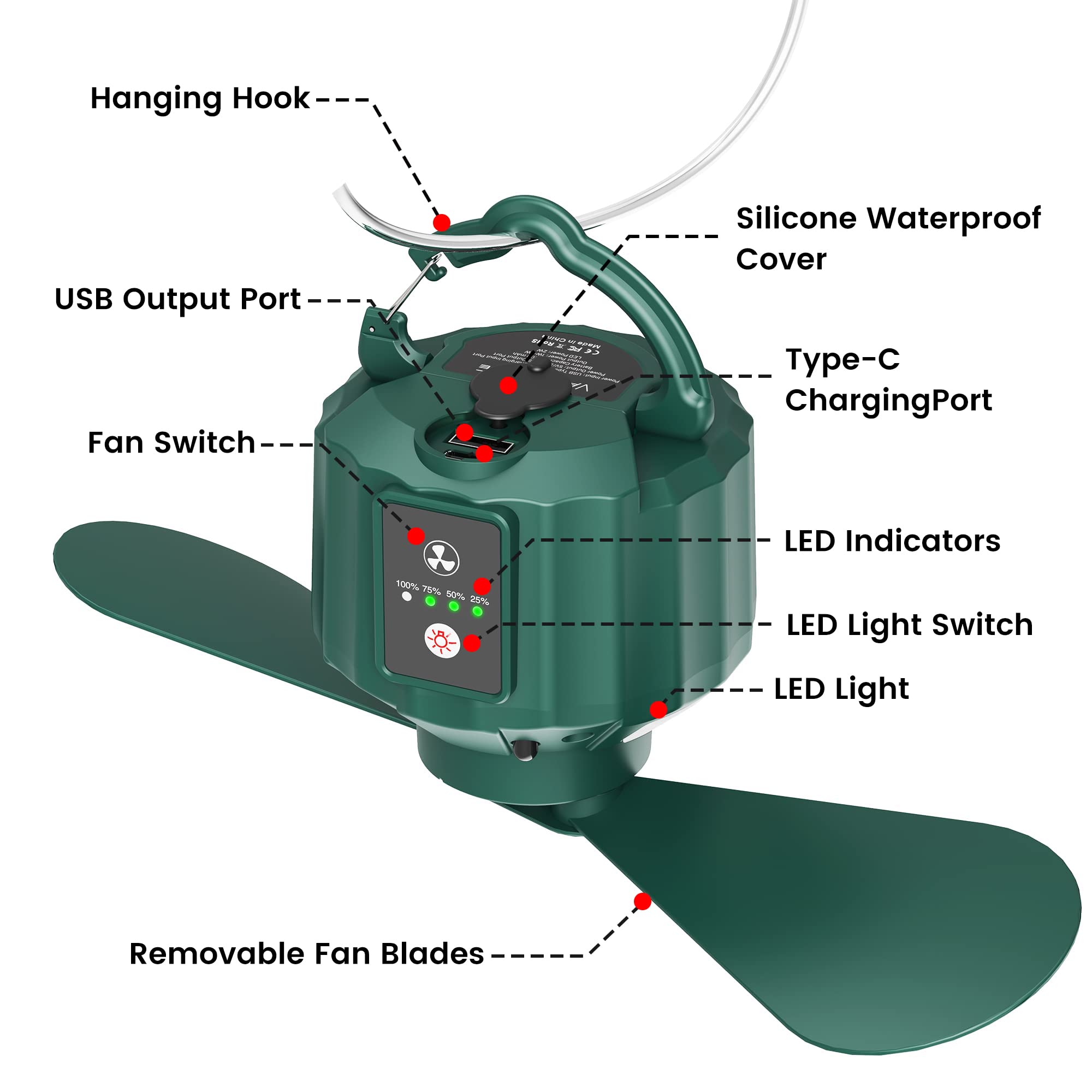 Ventilador portátil de camping al aire libre recargable – Ventilador USB de 10400 mAh con luz LED y control remoto, para tienda, techo, viajes (temporizador, 3 velocidades y niveles de luz)
