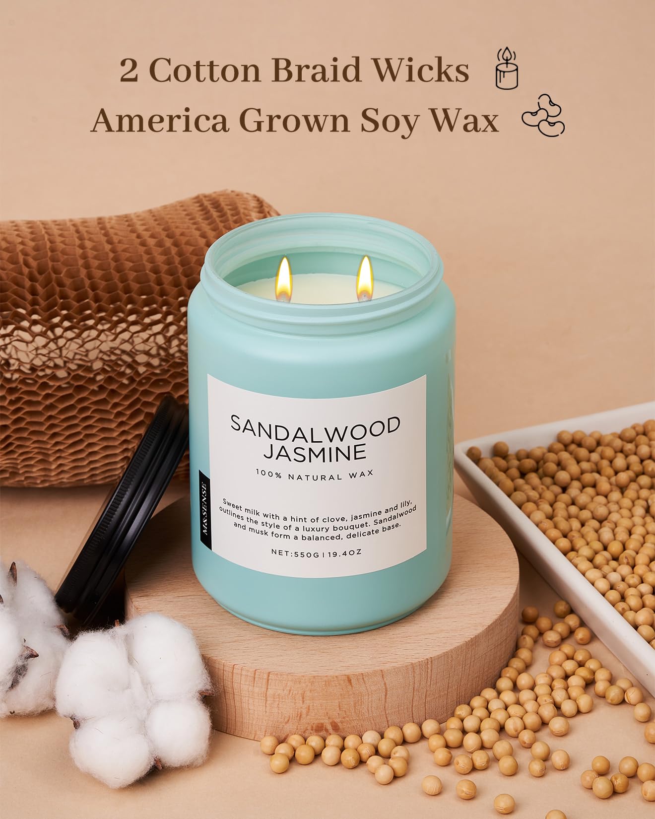 M&SENSE Sandalwood Jasmine Large Organic Soy Scented Candles Gifts for Men Women 2 Wick 550g 110 Hours Candles for Home Decor Friend Family Non Toxic Aromatherapy Candle for Stress Relief Relaxtion - Image 3