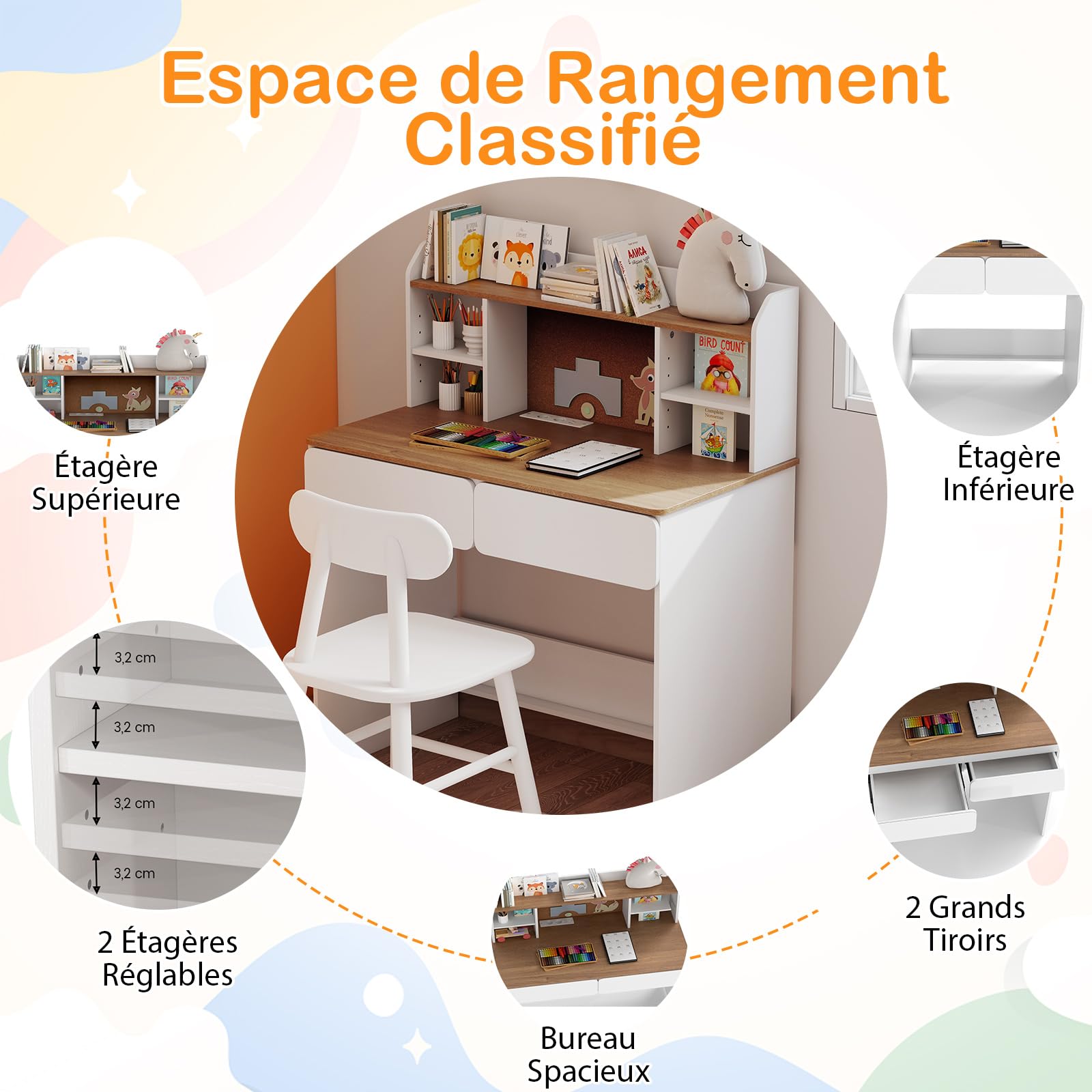 COSTWAY Bureau Enfant Garçon Fille avec Station de Charge & Tableau d'Affichage en Liège, Table Enfant en Bois avec Étagère Réglable & 2 Tiroirs, Charge 50kg pour Tout-Petits de 8-12 Ans