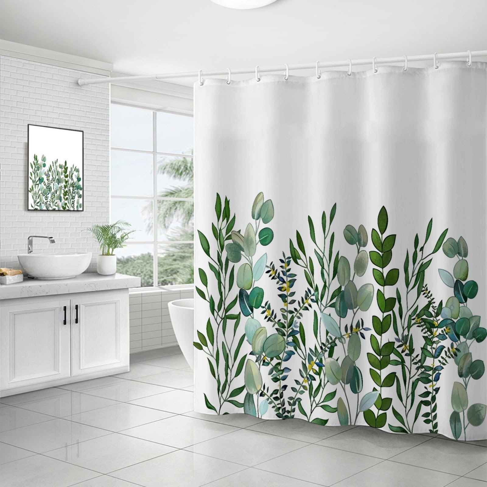 Shower Curtains Leaf Green Plant Wet Room Shower Curtain Mould Proof Resistant Waterproof Polyster Fabric Washable with 12 Hooks Garden Bathroom Curtains (180x220cm)