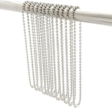 Stainless Steel Shower Curtain Hooks, 55 Inch Ball Chain Design, 12 Pack Rust-Resistant Metal Curtain Rings for Bathroom Rods, Heavy Duty 4.5mm Shower Curtain Hangers