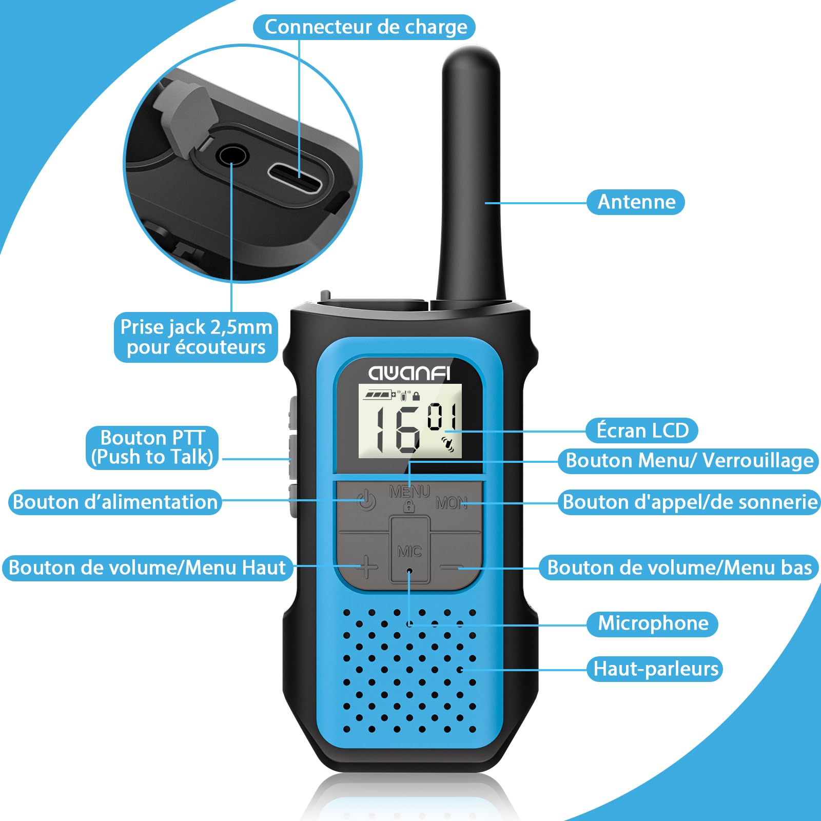 Talkie Walkie 4 Pièces Longue Portée, Talkie-Walkie Enfants Adultes Rechargeable, Walkie Talkies USB C Batterie Lithium avec 16 Canaux pour Camping, Randonneé, Vélo, Cadeau pour Fille et Garçon - 2
