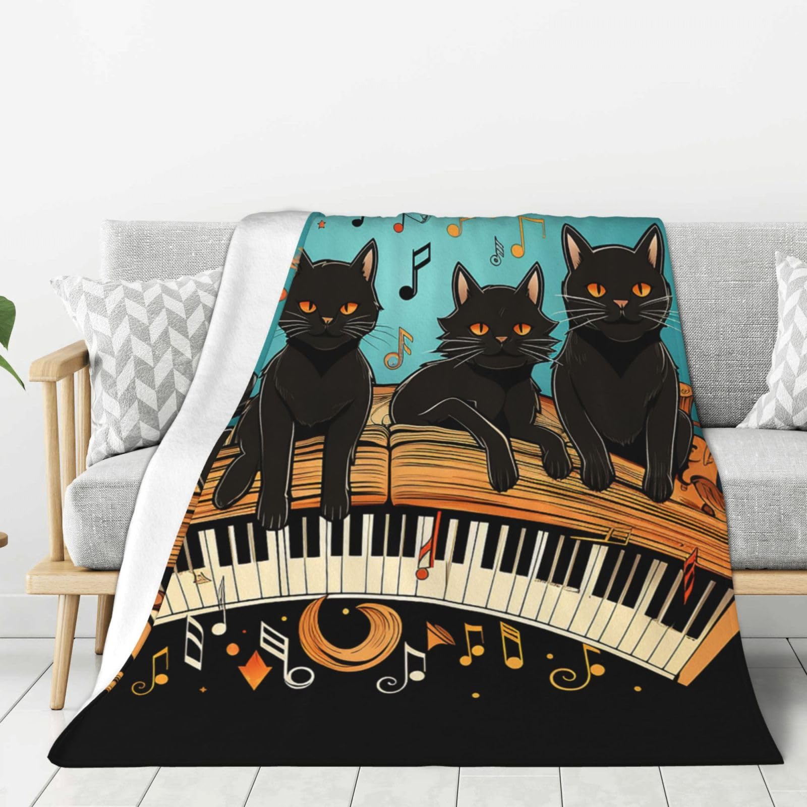 Couverture flanelle chat piano plaid cadeau original lit canapé