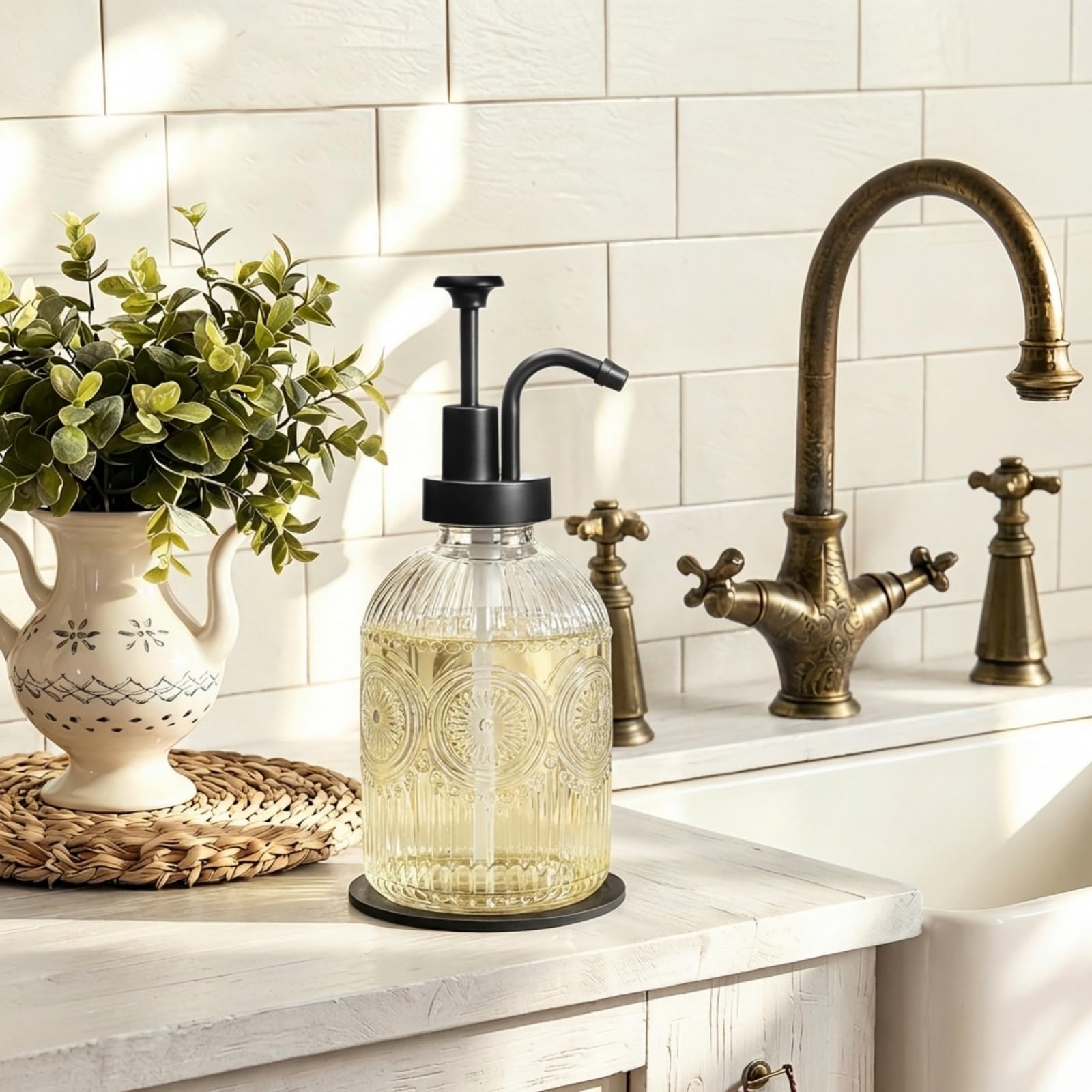 SheeChung 12Oz Vintage Glass Bathroom Soap Dispenser, Kitchen Dish Soap Dispenser with Pump, Refillable Liquid Hand Soap Bottle, Lotion, Antique Rustic Farmhouse Decor (Clear-Black Pump, 1 Pack) - 2