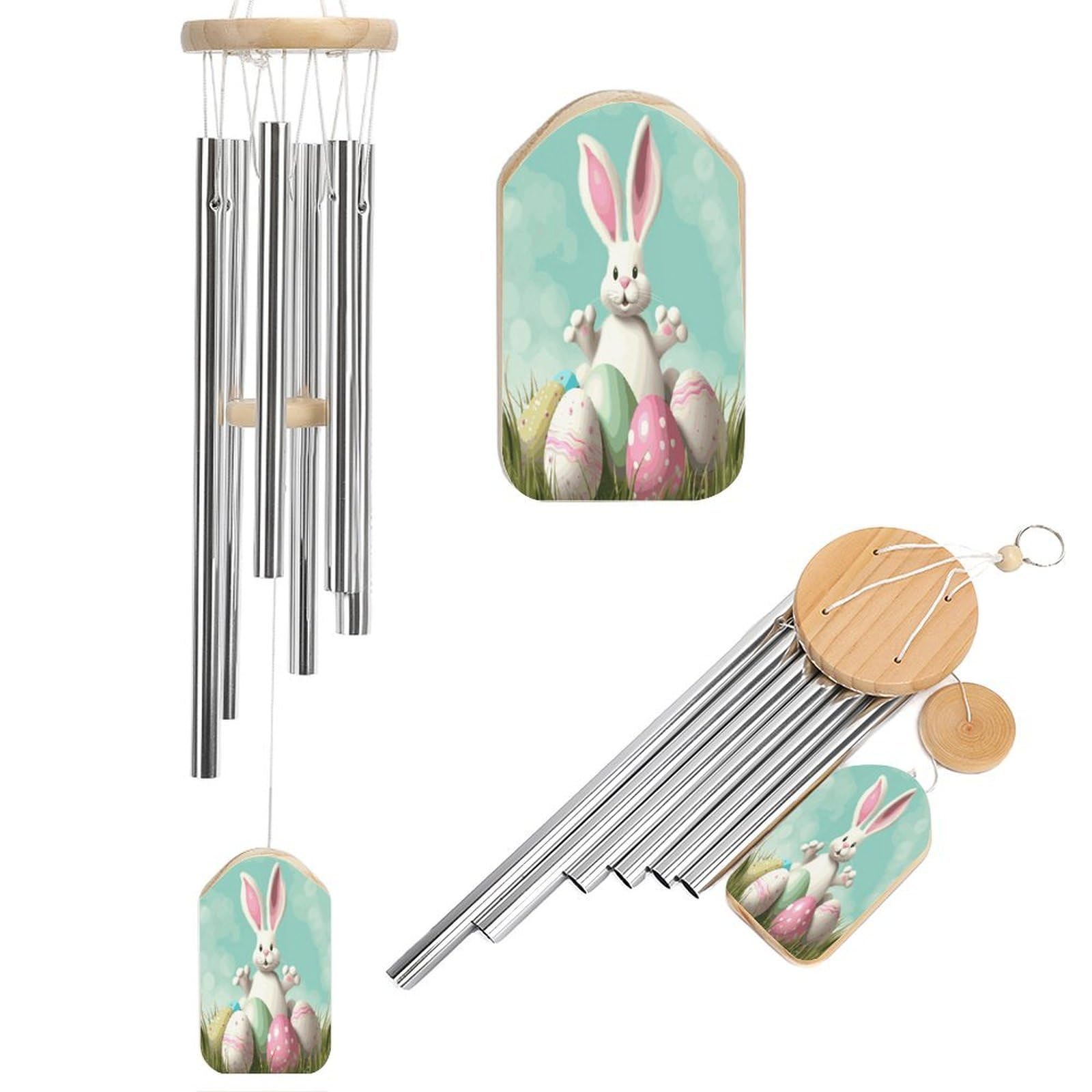 Btcowzrv Style Happy Easter Eggs Bunny Tail1 Wind Chimes For Outside, Hanging Windchimes With 6 Aluminum Tubes, Memorial Wind Chime For Patio Backyard Garden And Outdoor Decor