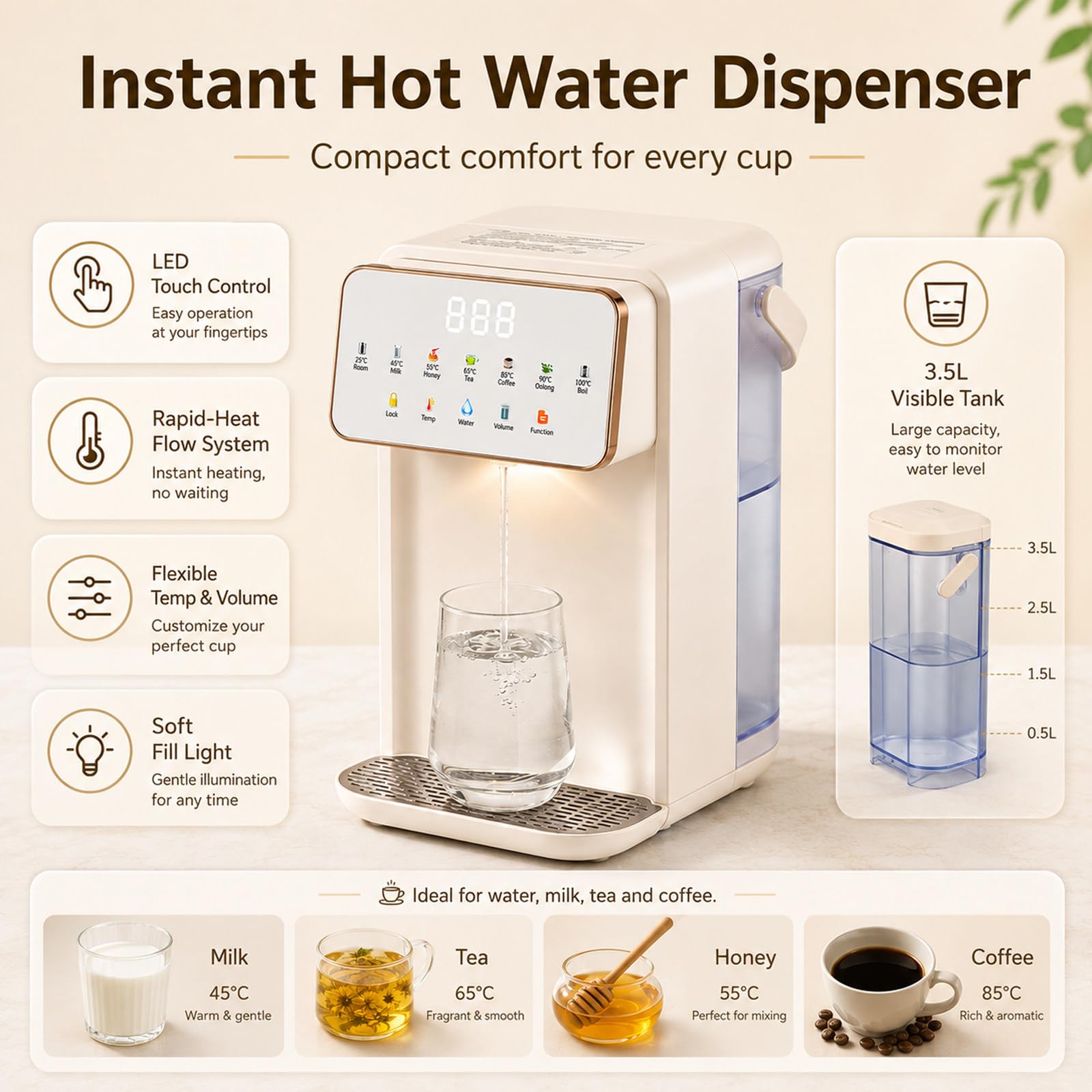 MIAOXIAOLONG Heiß- & Kalt-Tischwasserfilter, Digitaler Instant-Heißwasserspender White+WhiteScreen