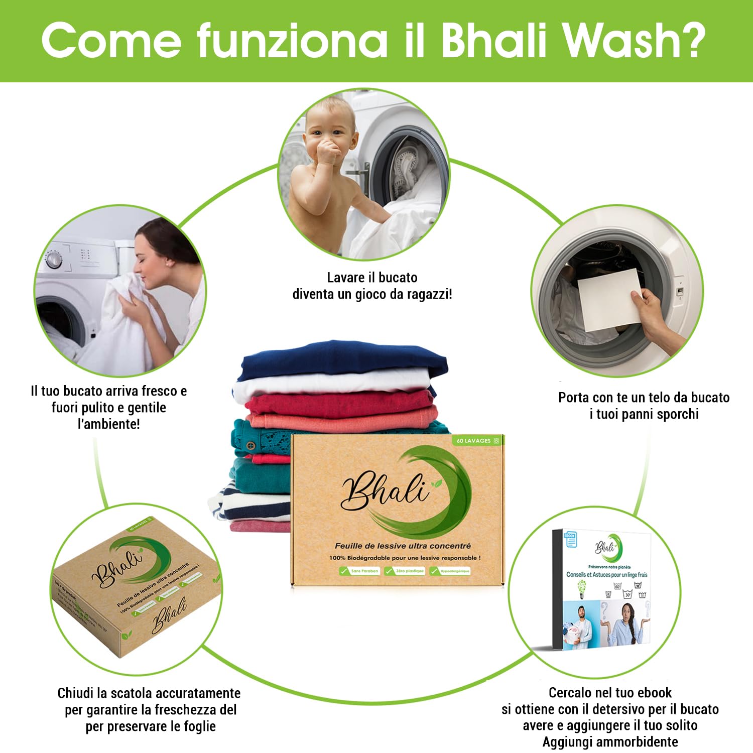 Detersivo ecologico biologico Offerta Bhali 3+1 Gratis | Detersivo in Fogli Lavatrice 240 Lavaggi | Compatto, Senza Plastica, Monodose | Profumo Fresco & Pratico per Tutti i Bucati