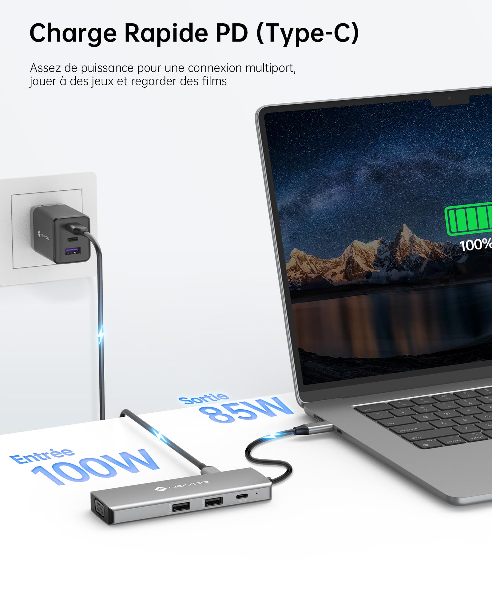 NOVOO Stacja dokująca USB C, 8 w 1 hub USB C do podwójnego HDMI, Displayport 4K@120 Hz, VGA, USB C 3.1, USB A 3.1, PD 100 W, poczwórne stacje dokujące wyświetlacz do MacBook HP Lenovo Dell