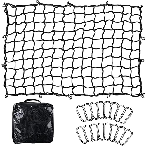 Seven Sparta 5’ x 7’ Bungee Cargo Net Stretches to 10' x 14' for Truck Bed, Pickup Bed, Trailer, Trunk, SUV with 16 Bonus D Clip Carabiners Car Organizer Net for Large Loads (Black)