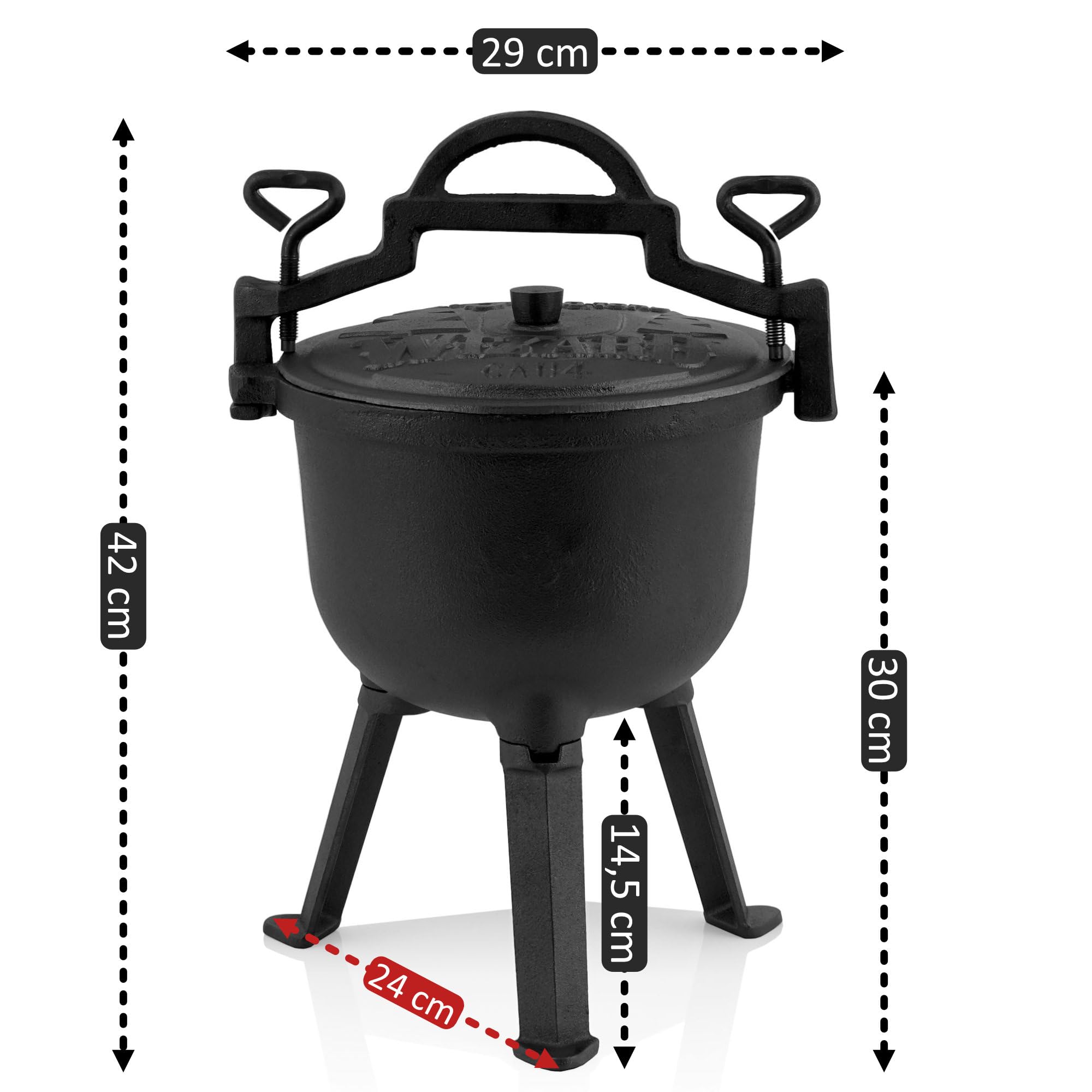 BBQ-Toro Wizard Cauldron | Pentola di cottura in ghisa | Pentola in ghisa con tre gambe, coperchio, staffa e viti di bloccaggio | Calderone per streghe (4 litro)
