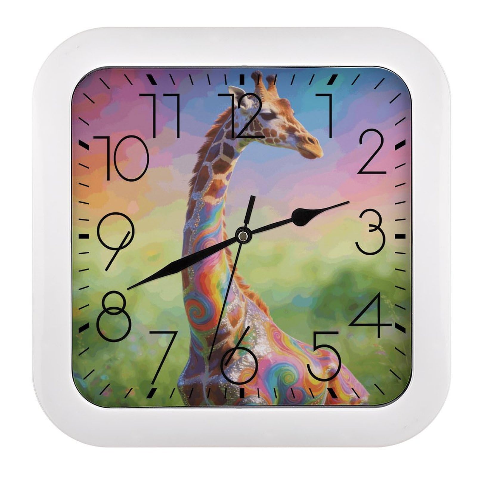 Fodpand Style Colorful Artistic Giraffe Wall Clock,Battery Operated Modern Retro Rounded Square Clock Clock For Bedroom Living Room Office Home Gym Porch Decor Indoor Outdoor 10.2 * 10.2In