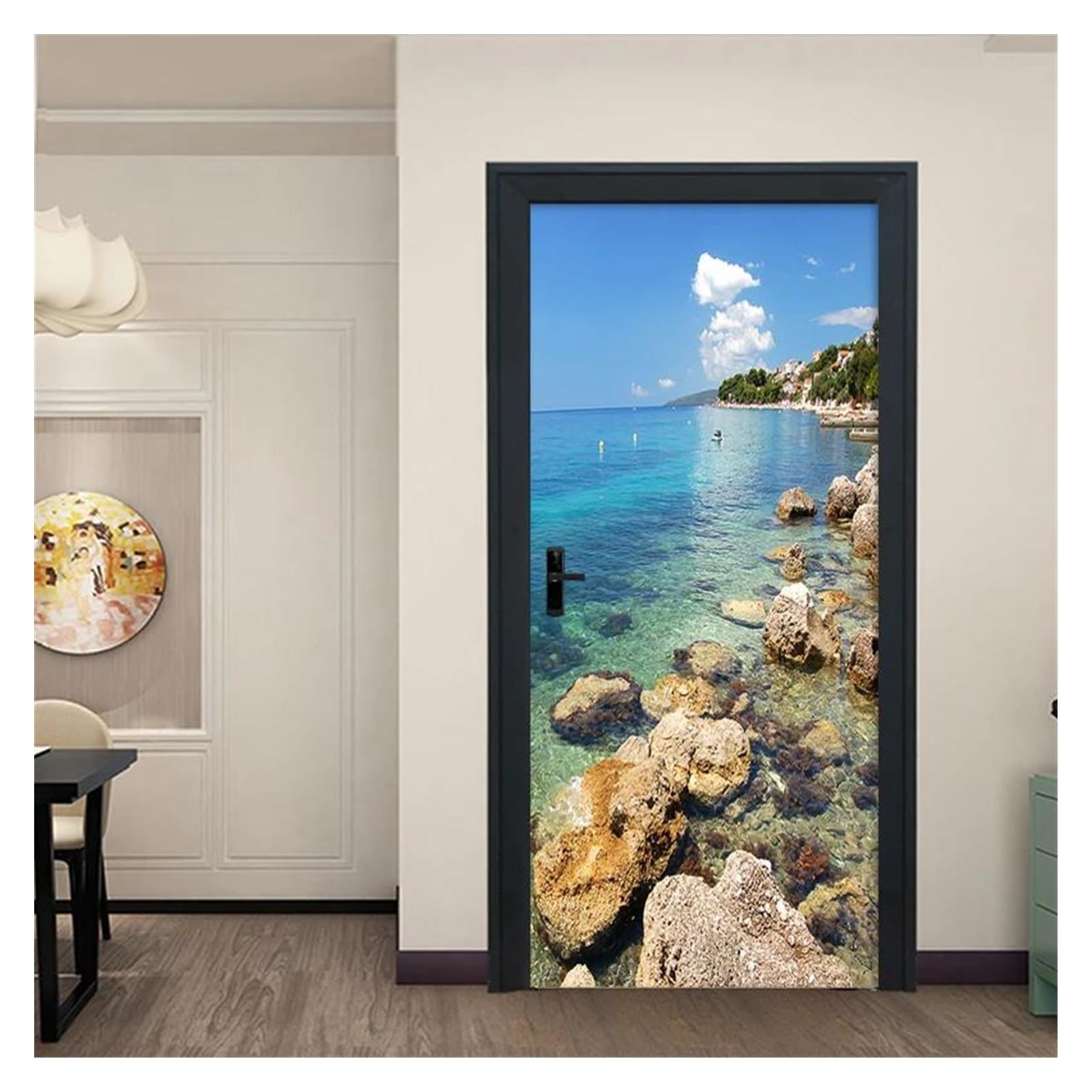 Rénover une porte abîmée avec le sticker paysage de bord de mer en pierre 77x200