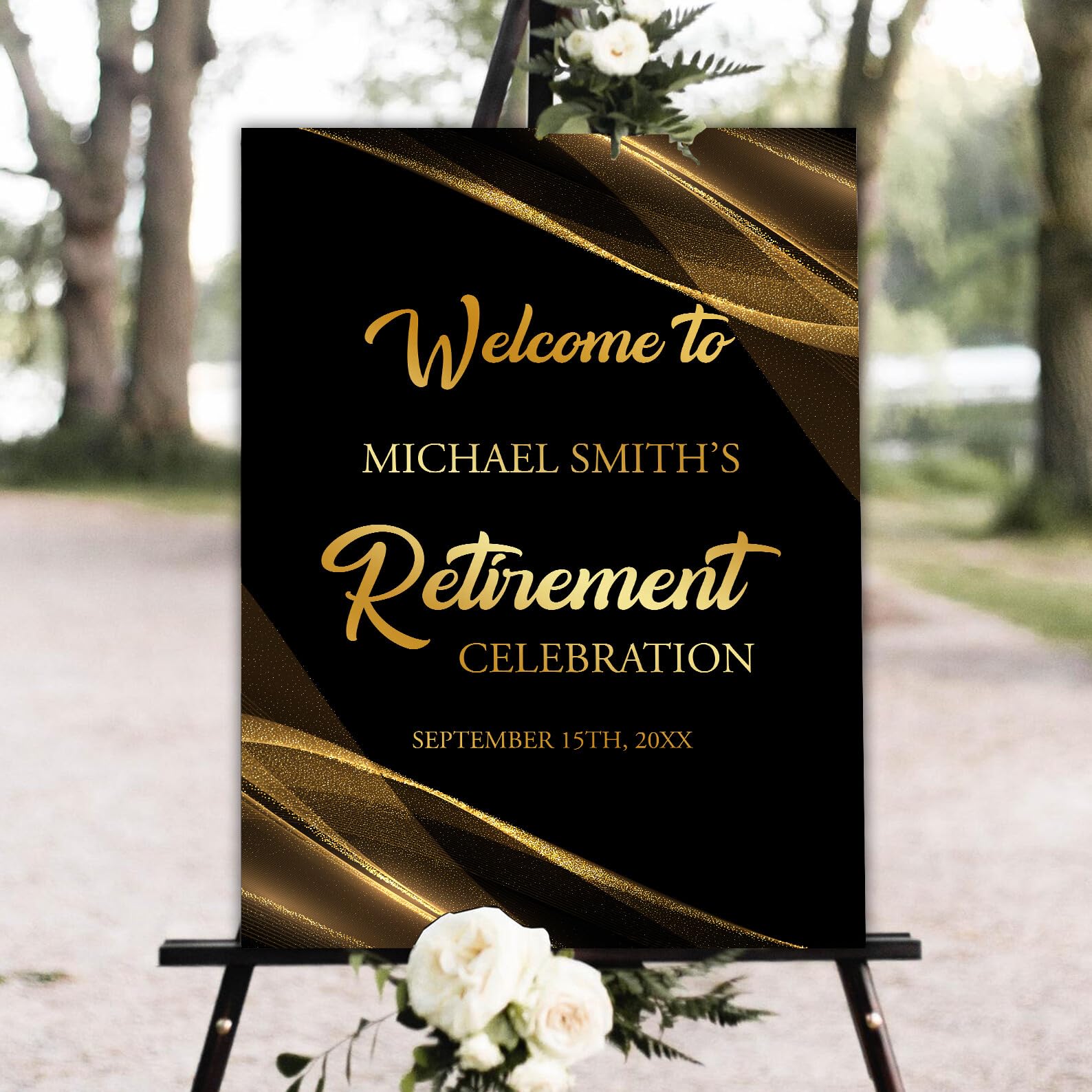 Personalized Retirement Party Welcome Sign, Elegant Black and Gold Retirement Welcome Sign, Retirement Celebration Sign, Retirement Party Sign, Happy