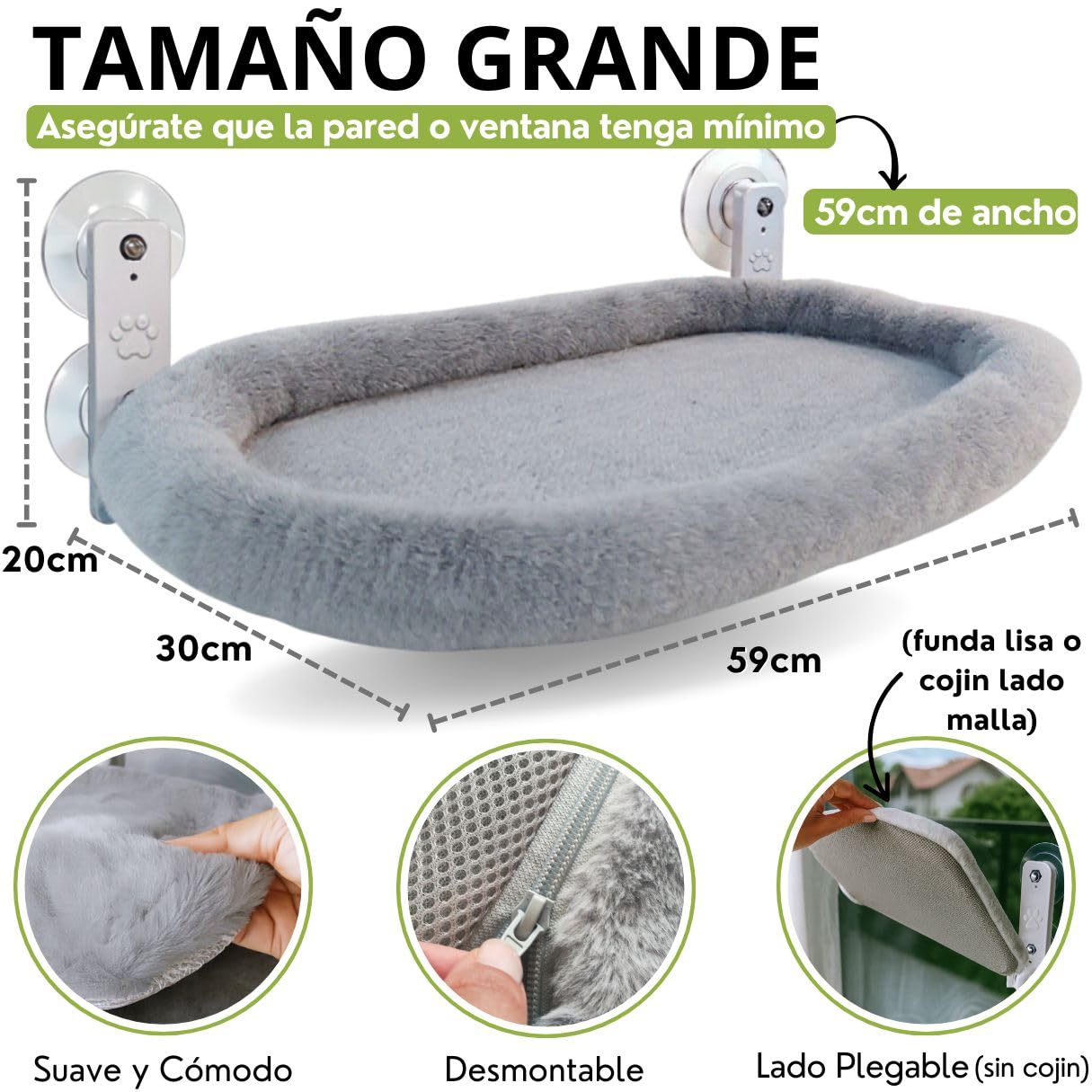 Hamac avec fenêtre pour chat avec coussin et housse pour chat + montage mural | Lit fenêtre pour chats jusqu'à 18 kg réversible été hiver | Lit chat gris