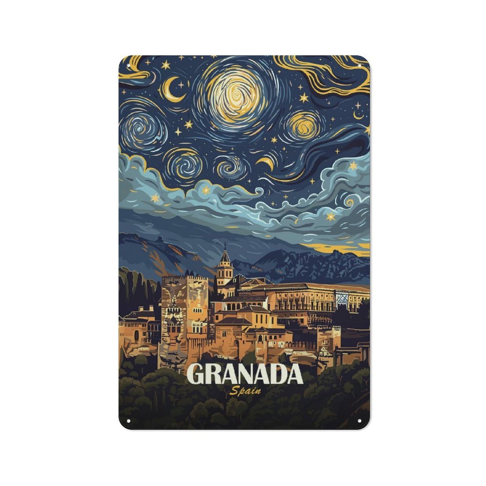 Junmoney Style-18 Granada Spain Night Sky Art Rustic Metal Sign 30X20cm For Garden Room Or Summerhouse, For Summerhouse Decorators