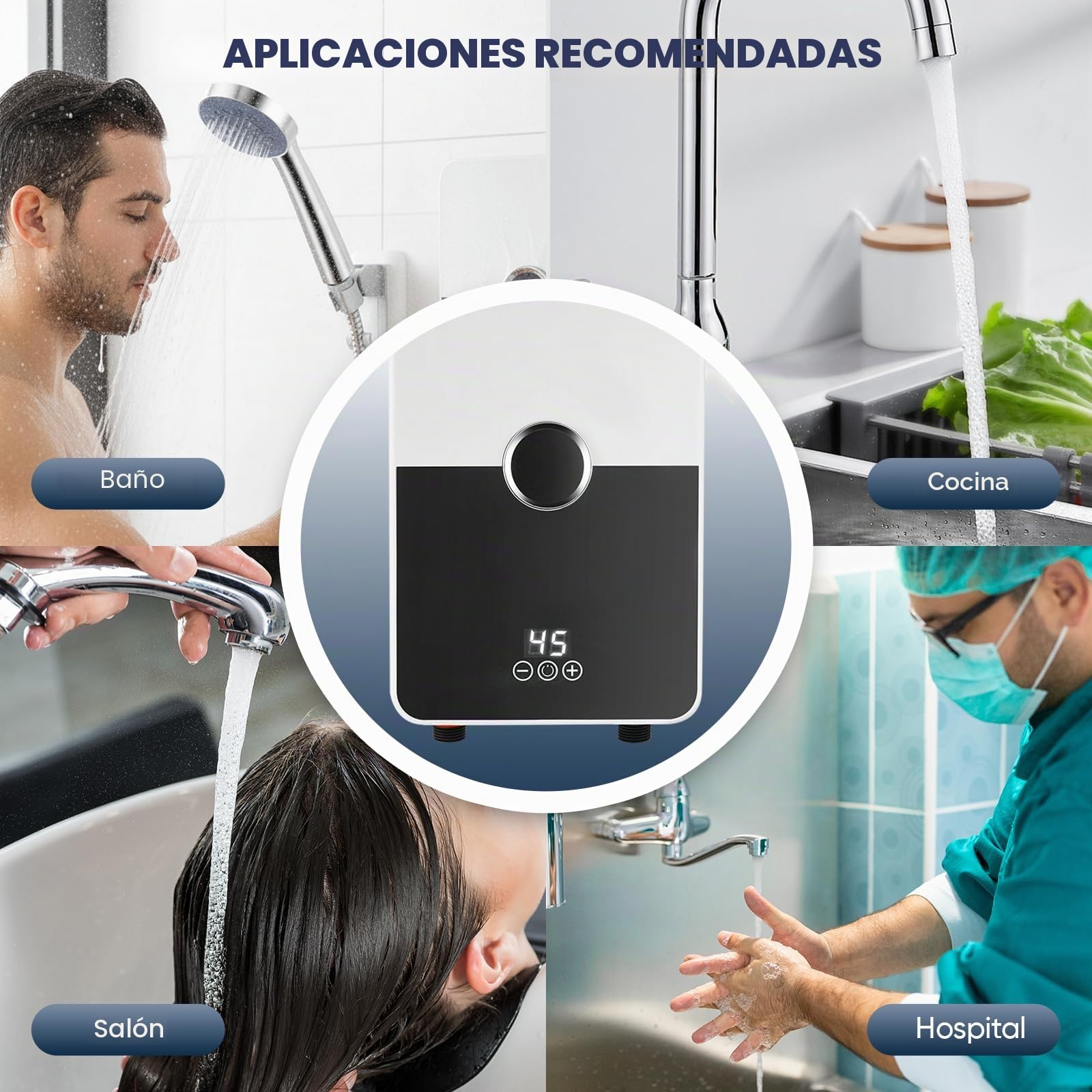 Calentador Instantáneo de Agua Eléctrico 6000W con Ducha, Mini Termo Eléctrico de Bajo Fregadero con Pantalla Táctil LED para Cocina y Baño, Clase A, Acero Inoxidable
