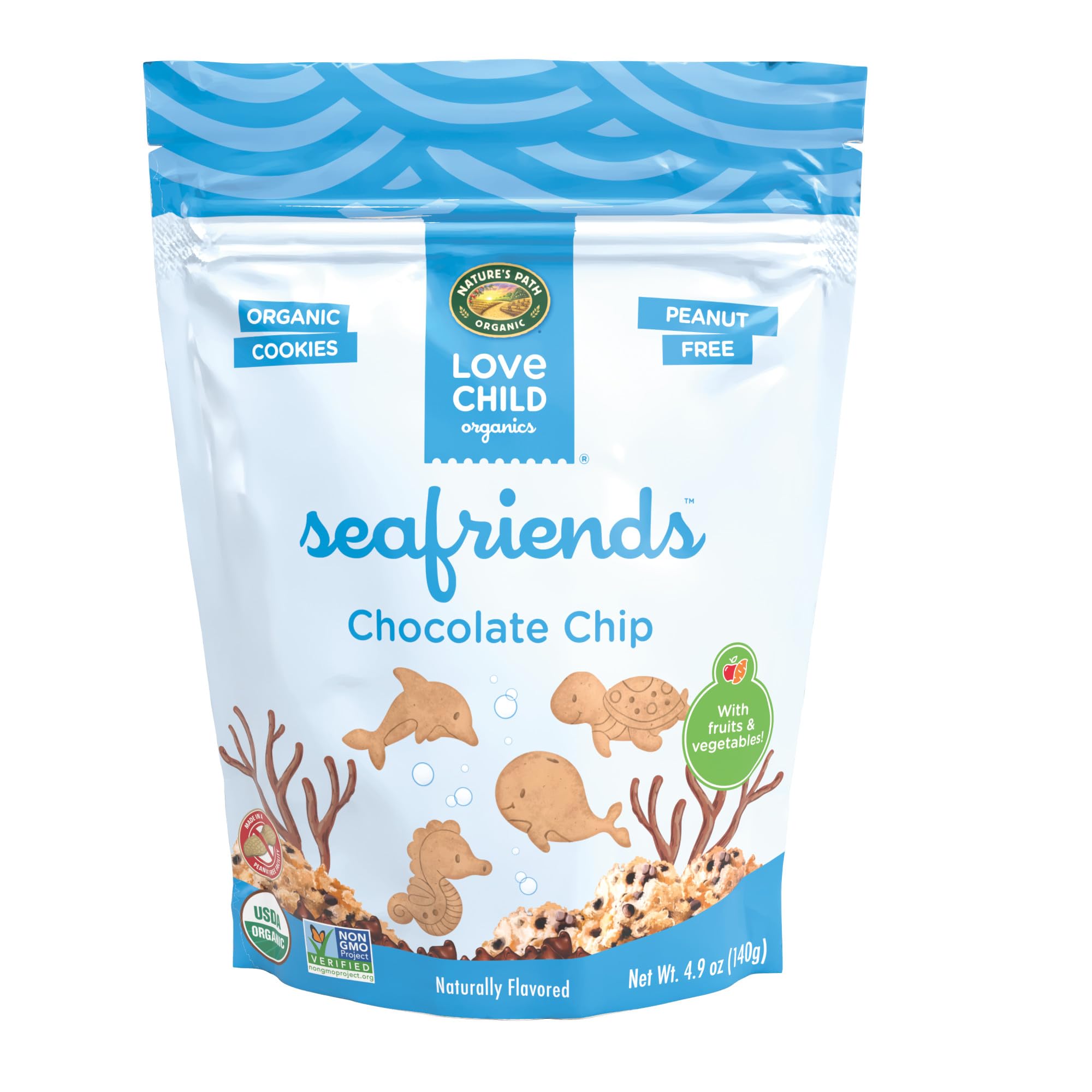 Love Child Organics Sea Friends 초콜릿 칩 쿠키, 138.9g(4.4온스) (12팩), GMO 프리, Nature's Path 제작