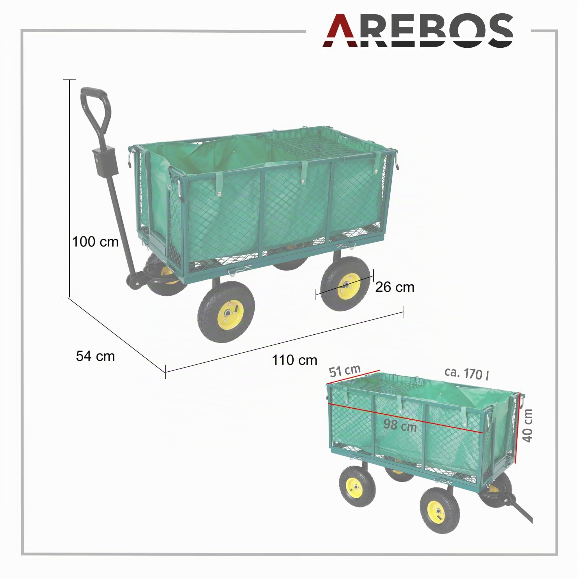 Arebos Carretilla Jardin | Carro de Transporte | Carro de Mano 550 kg | Plegable con Lona extraíble | Llantas de Acero con rodamiento de Bolas | Incluye asa y Barra