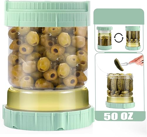 ZERNBER Tarro de pepinillos de 50 onzas con colador, contenedor de pepinillos con tenedor de acero inoxidable y tapa a prueba de fugas, tarro