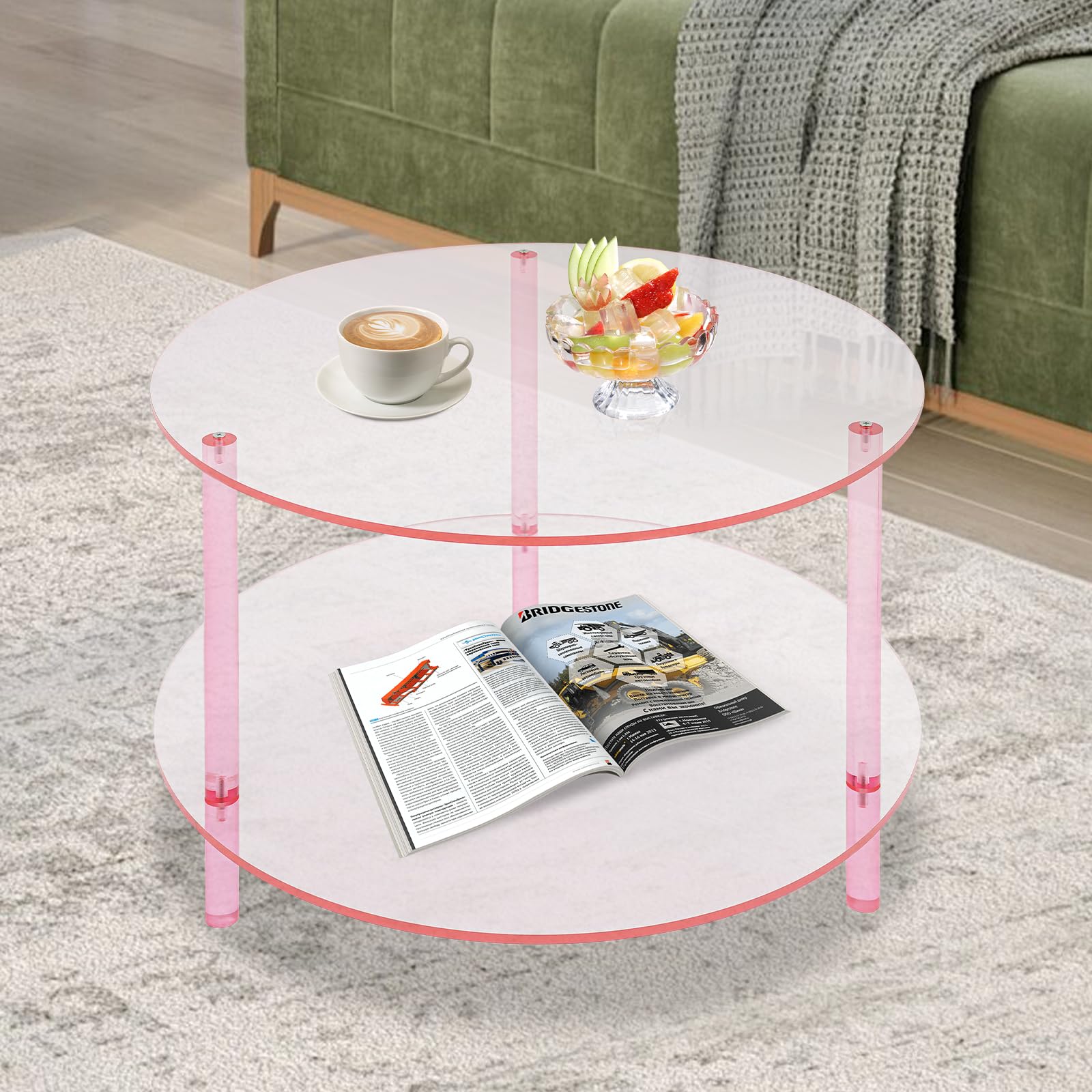 HOLMZCED Acrylic Coffee Table, Freestanding Side Table 2 Tiers Modern End Table Round Tea Table Pink for Living Room Balcony Office