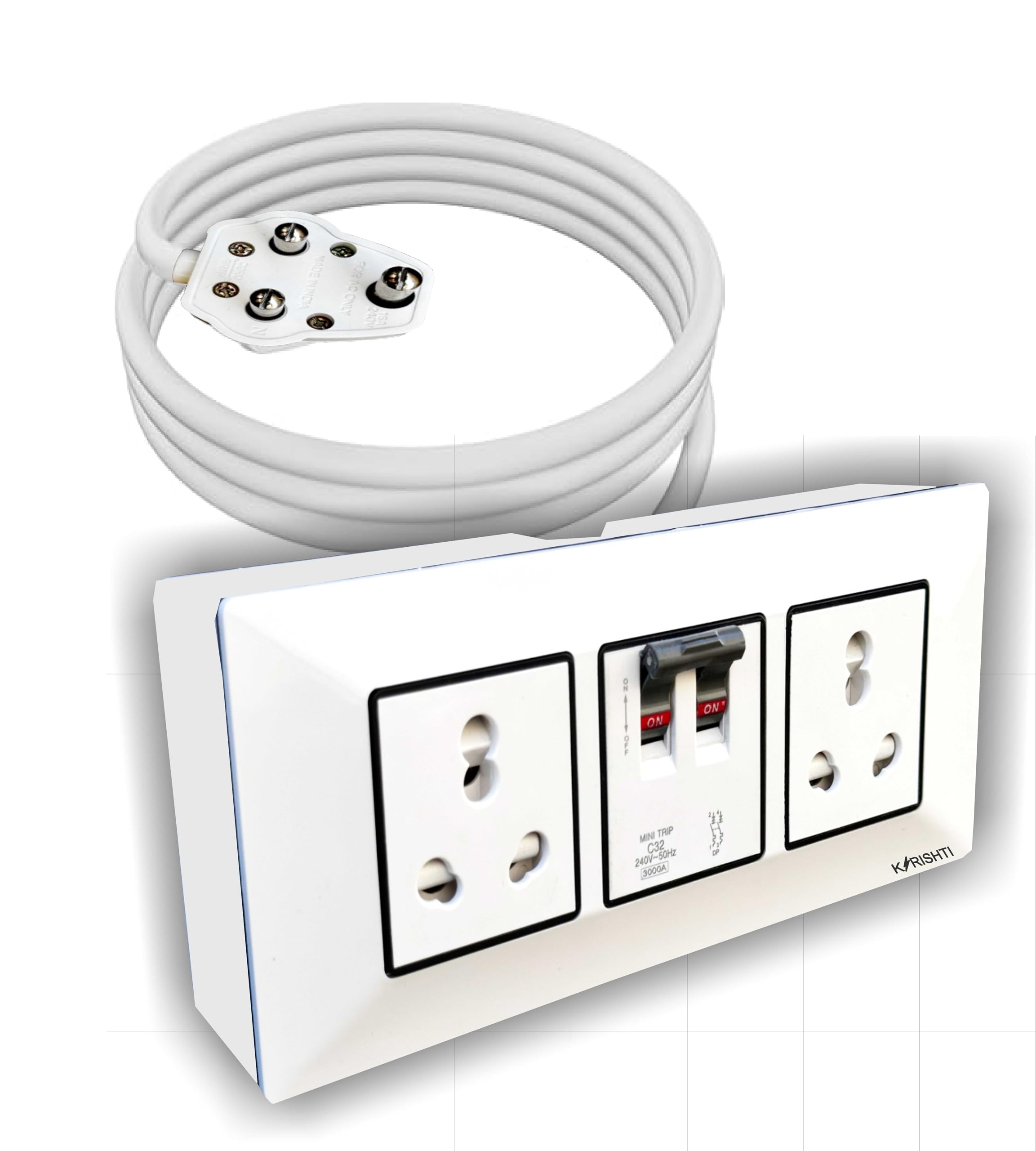 K🗲RISHTI Modular Extension Board with 32A Double Pole MCB, Dual 16A Sockets, 100% Brass Fittings, White (1, 3 Meter, 2 Core, 1.5 MM Cable)-image-48