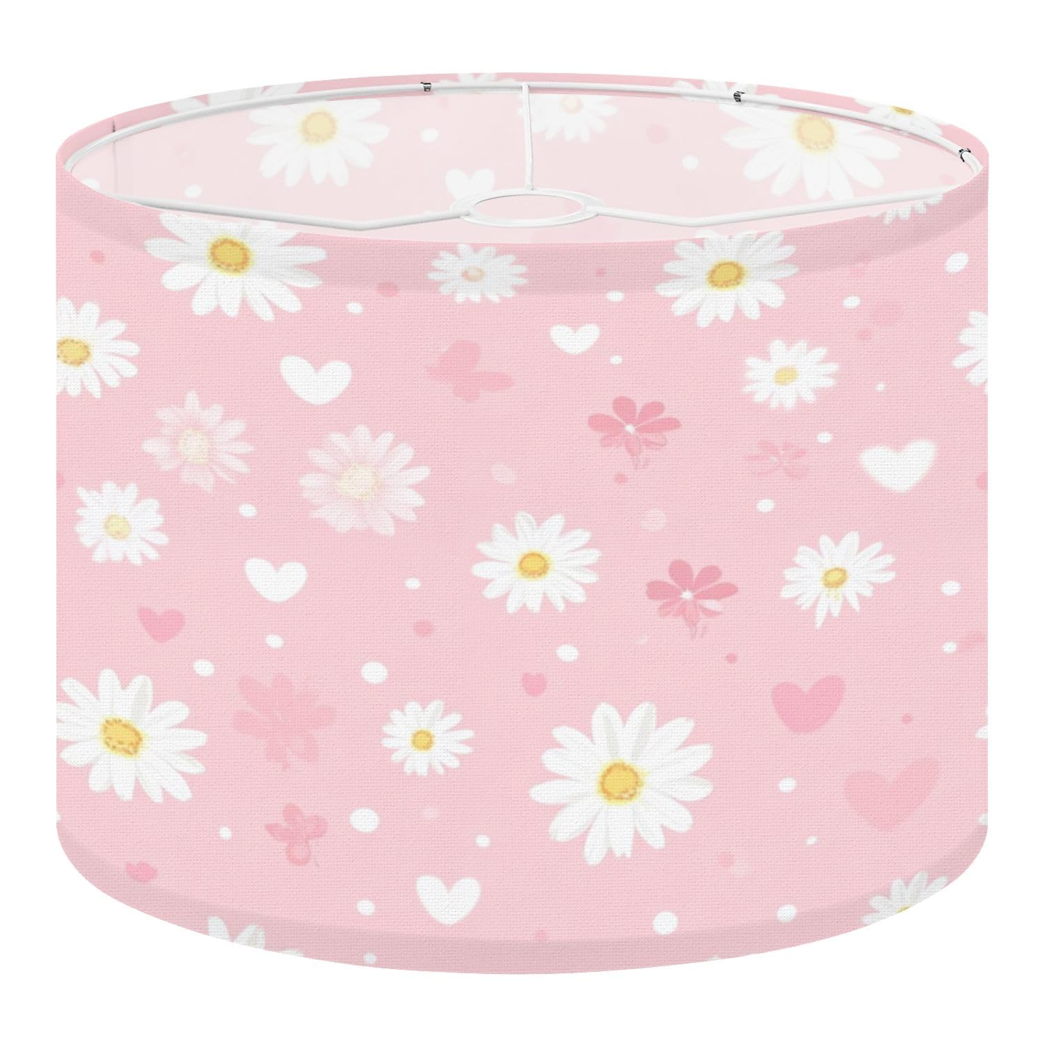 Fabric Drum Lamp Shade Cute Pink Floral Daisies Hearts Butterflies Vintage Funky Medium Linen Decorative Lampshades 13inch Set of 1 for Table Lamps, Floor Lamps,Ceiling Lamp