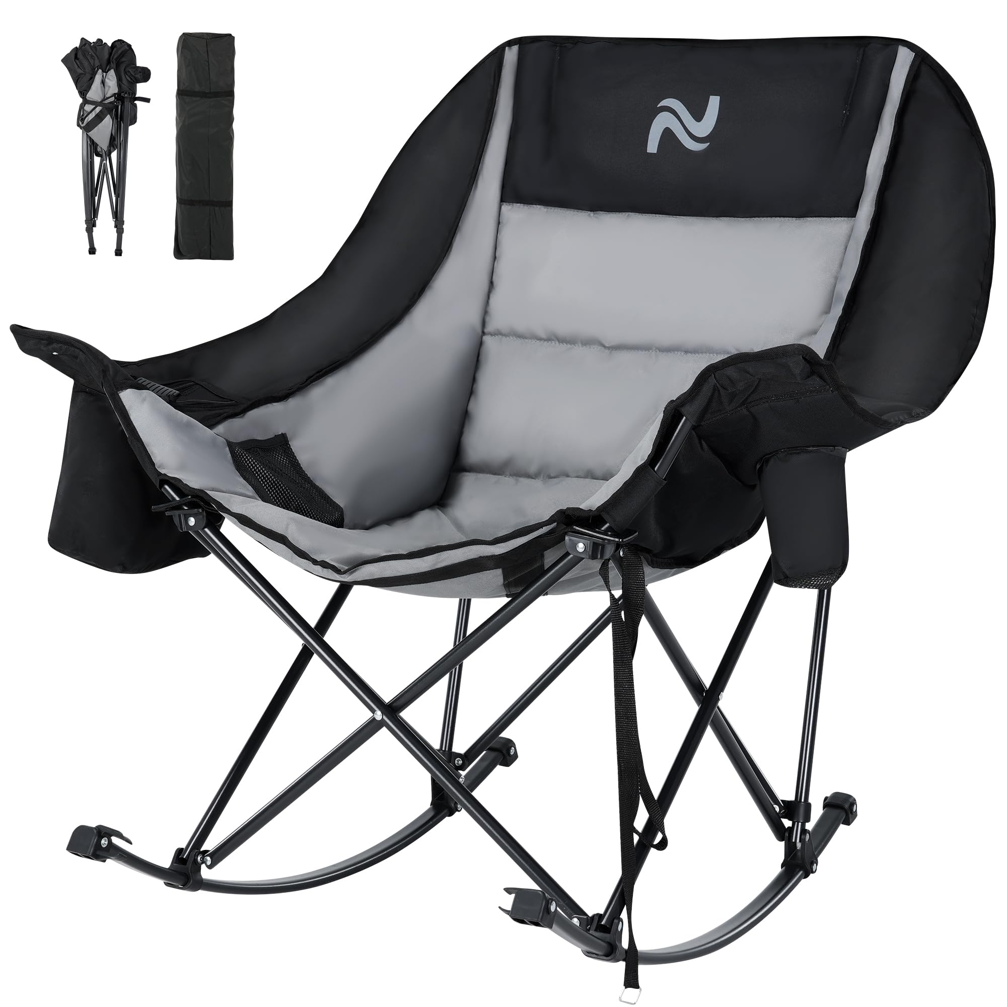 Slsy Oversized Rocking Camping Chair for Adults, 400 lbs Heavy Duty Padded Recliner with Side Pocket, Cup Holder & Carry Bag, Foldable Outdoor Lawn Chair for Patio, Backyard, or Camp