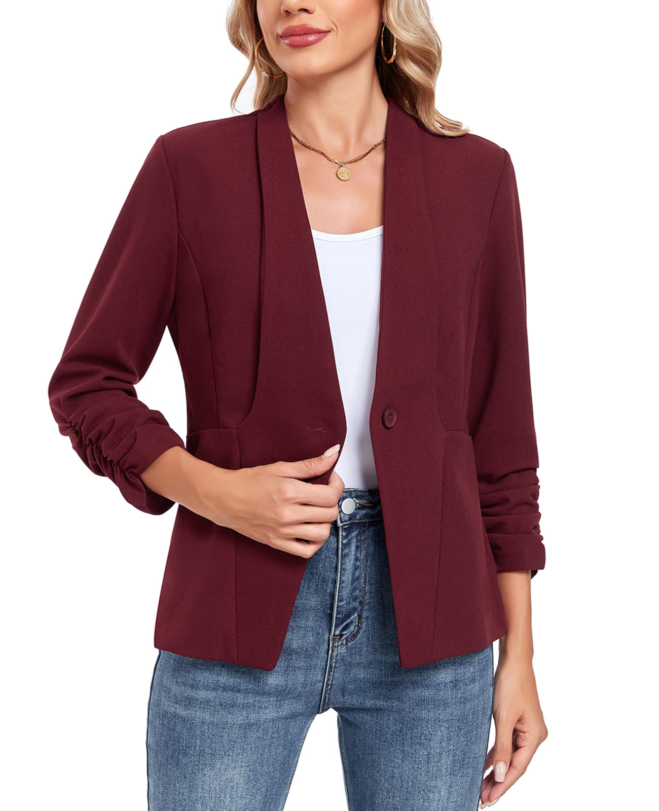 MINTLIMIT Womens Blazer 3 4 Rcuhed Sleeve Button Lightweight Collarless Blazer Business Work Office Jacket Blazers