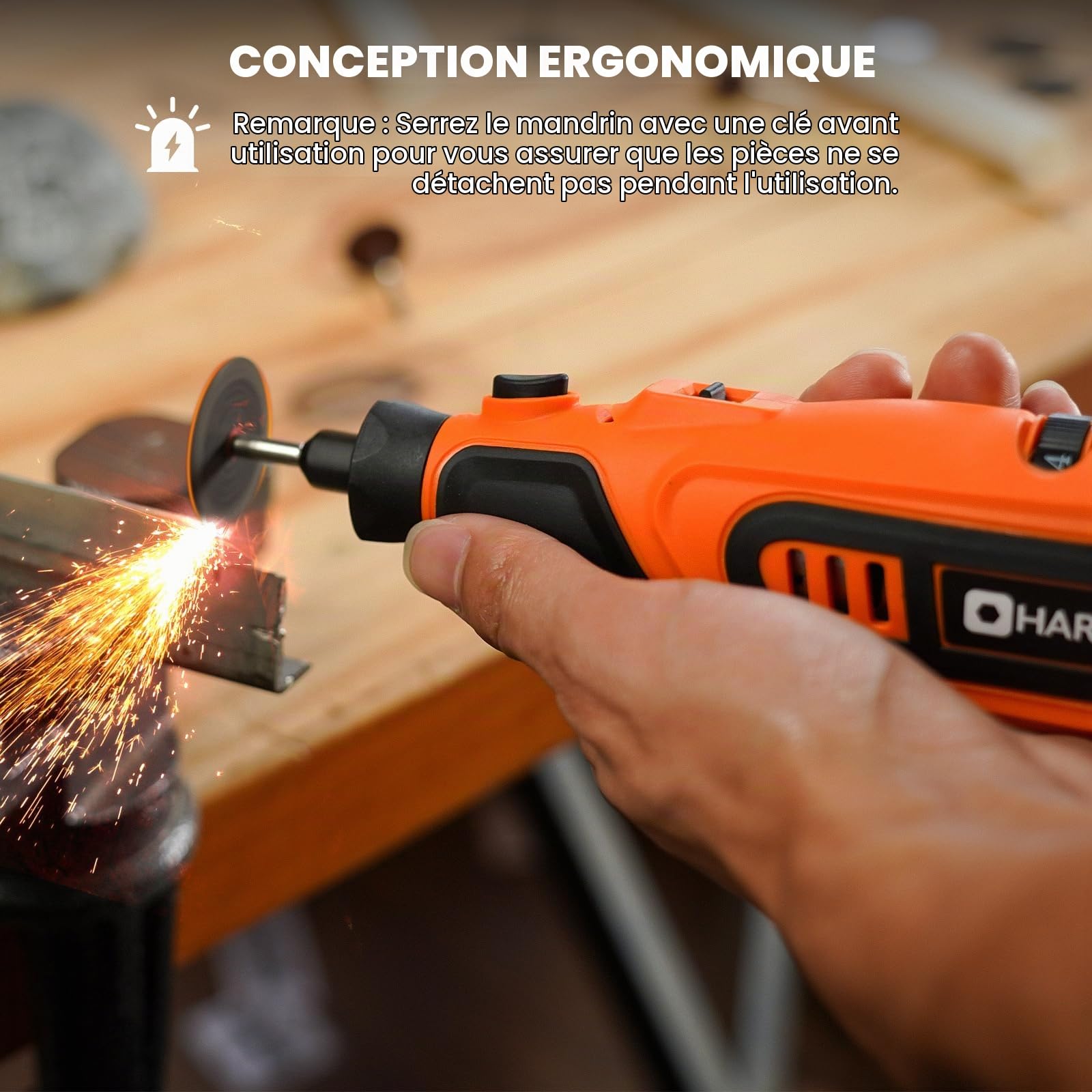 HARDELL Outil rotatif multifonction sans fil 12 V, kit 43 accessoires, 6 vitesses (10 000-25 000 tr/min), batterie amovible 1500 mAh, longue autonomie, ponçage, polissage, gravure