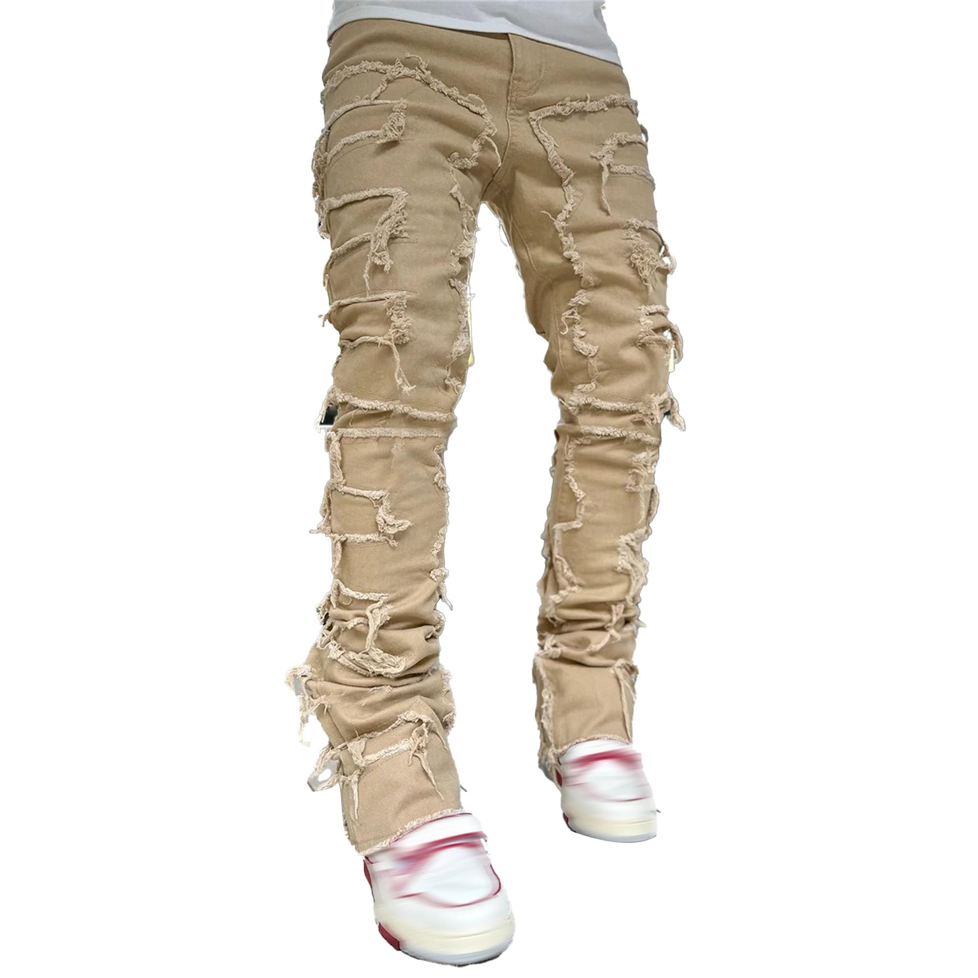 Maiyifu-GJ Jeans for Men Slim Fit Stretch Distressed Patchwork Denim Pants Casual Straight Skinny Denim Trousers (Khaki4,Medium)