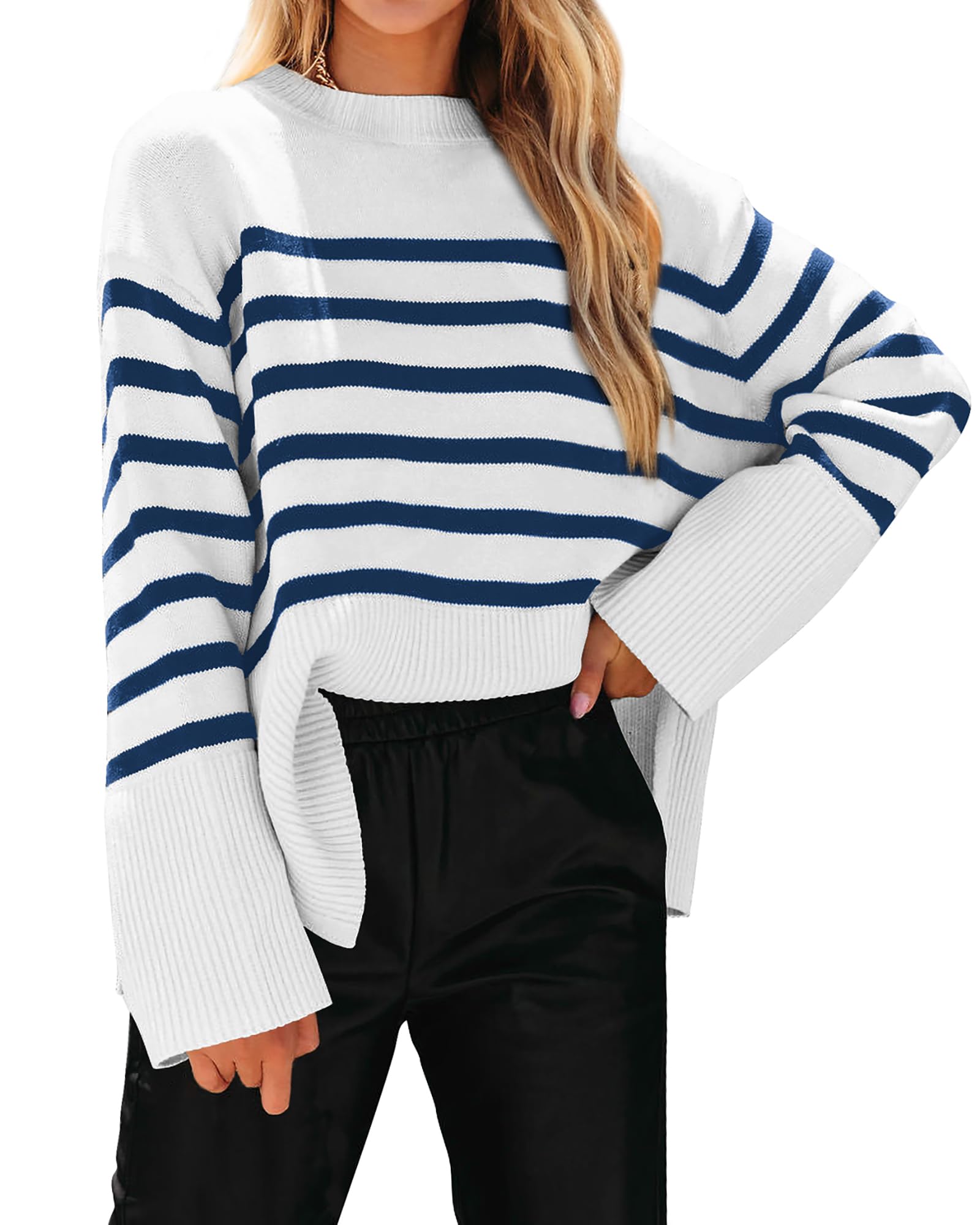 KIRUNDO Women's Striped Knit Oversized Fall Sweaters 2026 Trendy Clothes Crewneck Winter Pullover Sweater Side Split