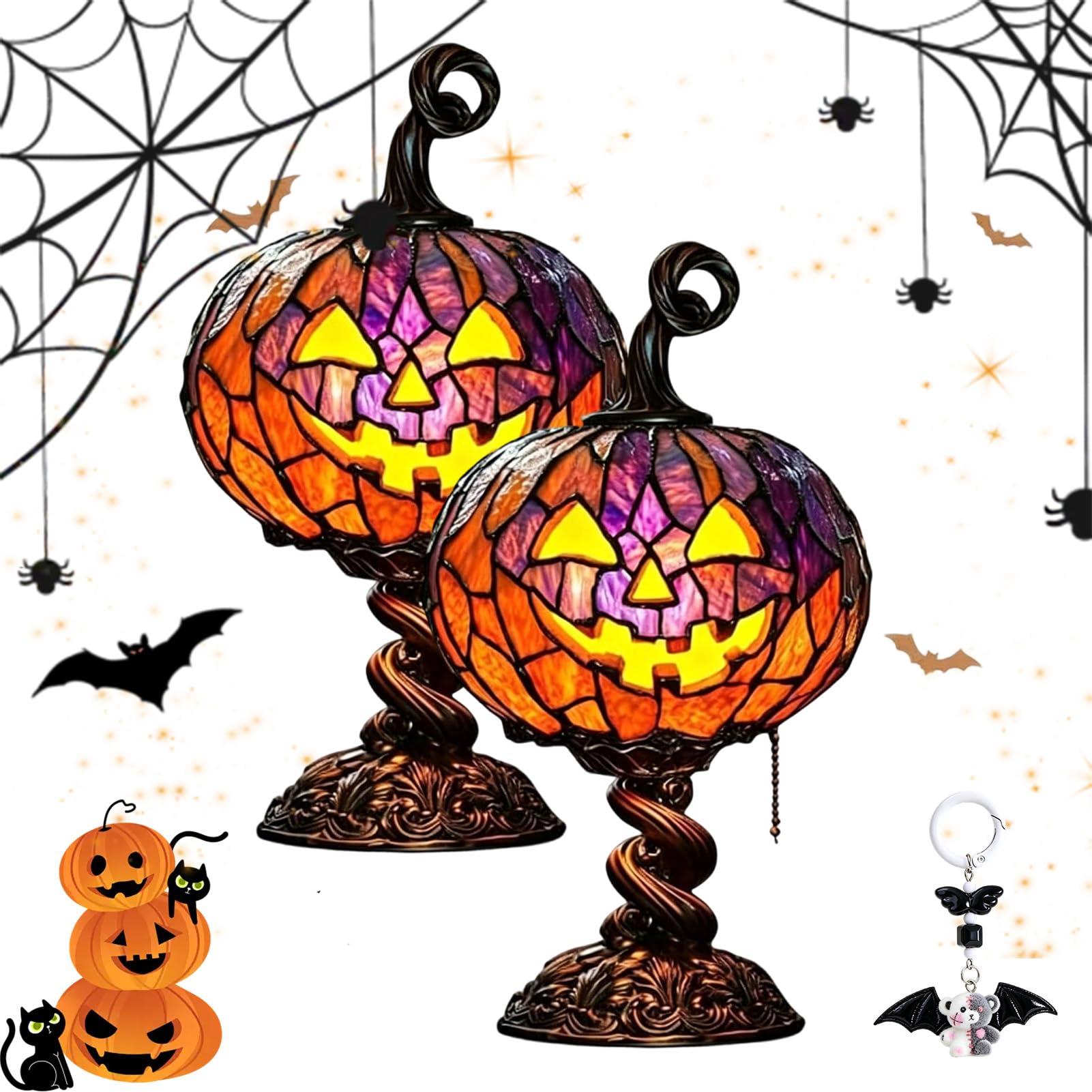 Stained Glass Halloween Pumpkin Table Lamp, Jack-O-Lantern Light (2pc)