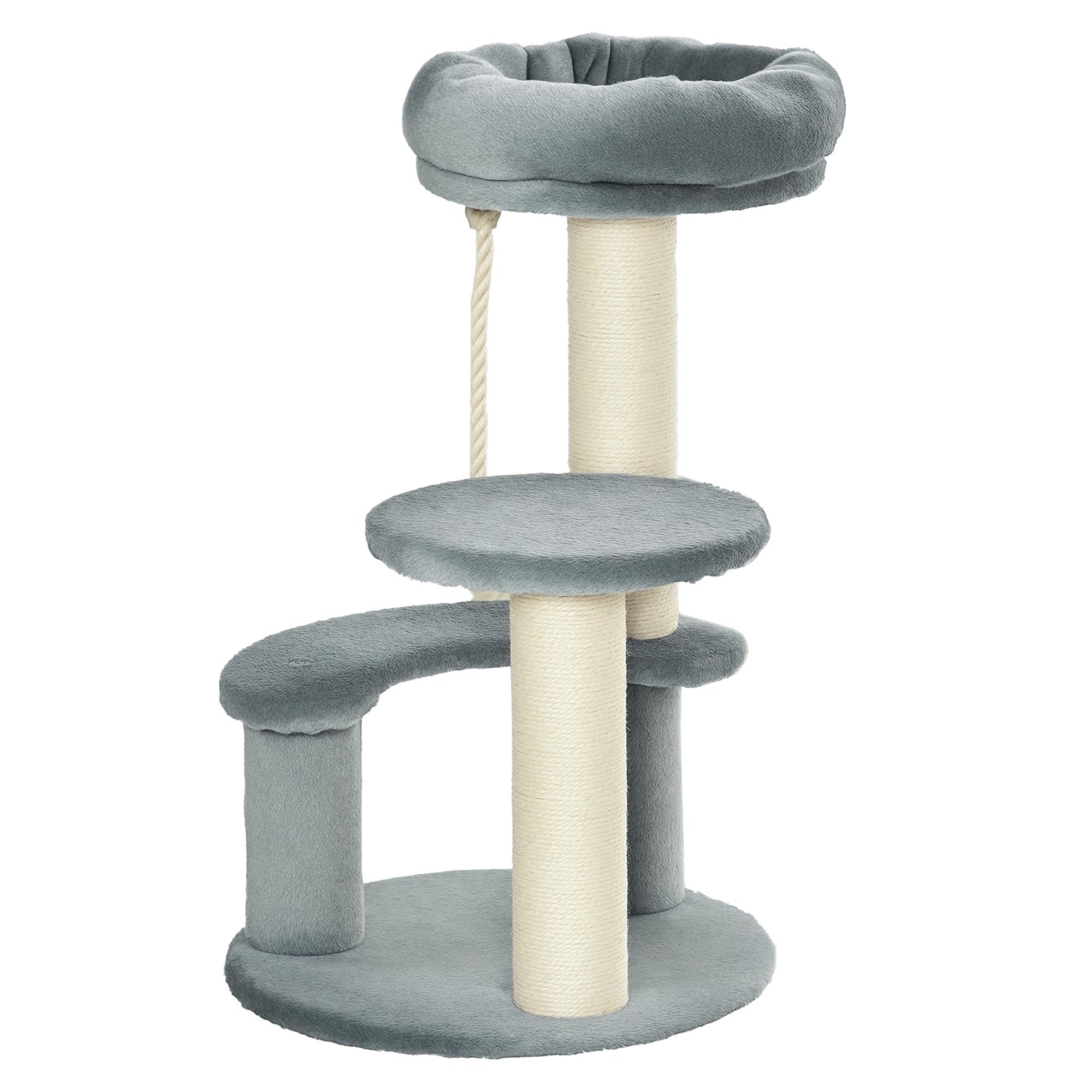 PawHut Albero Tiragraffi Gatti a 3 Livelli in Peluche Sisal Naturale Grigio Ф40x65cm | Piattaforme, Lettino, Pali in Sisal, Torre per Gatti, Rivestimento in Peluche