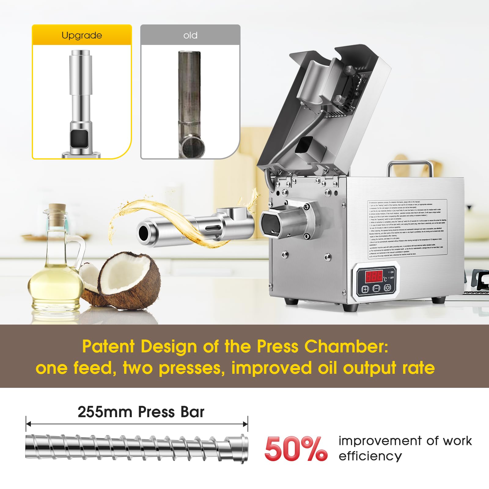 CGOLDENWALL 1500W Commercial Oil Press Machine Oil Extractor Expeller with Intelligent Temperature ControllerIndustrial MotorAll Stainless SteelCE 110V US Plug product thumbnail 6
