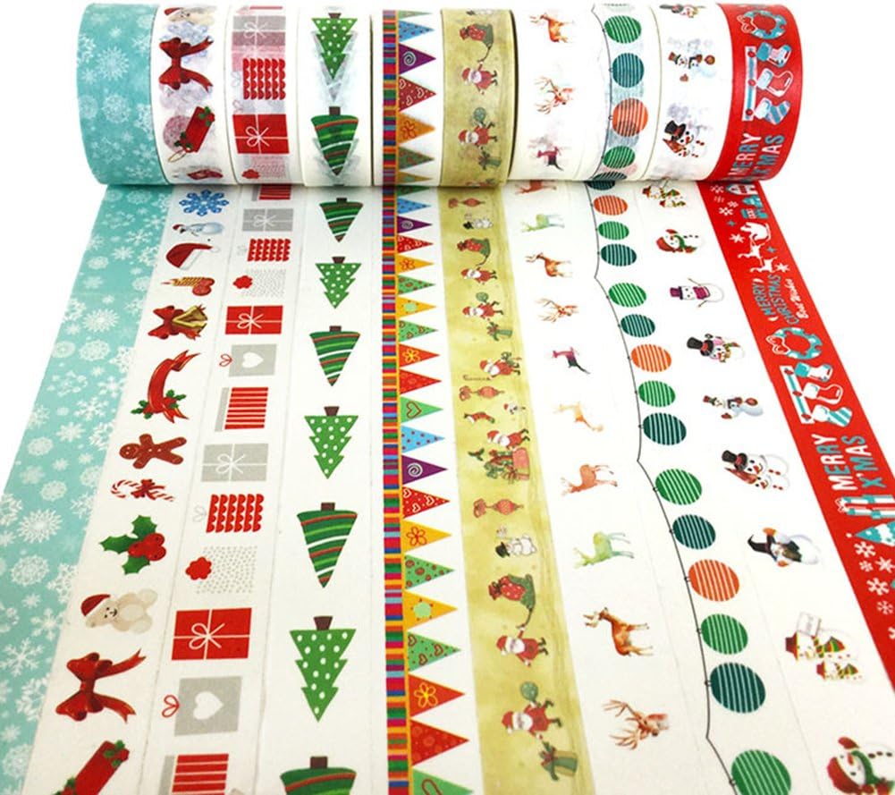 XYBAGS Christmas Decorative Washi Tape,Set of 10 Rolls, Assortment of Christmas Holiday Designs & Shapes (Style H)