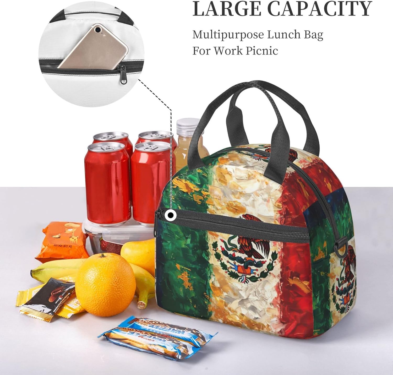 Mexican American Bald eagle Flag Print Reusable Lunch Bag Insulated Lunch Boxes for Office Work Picnic Tote Bag Adjustable