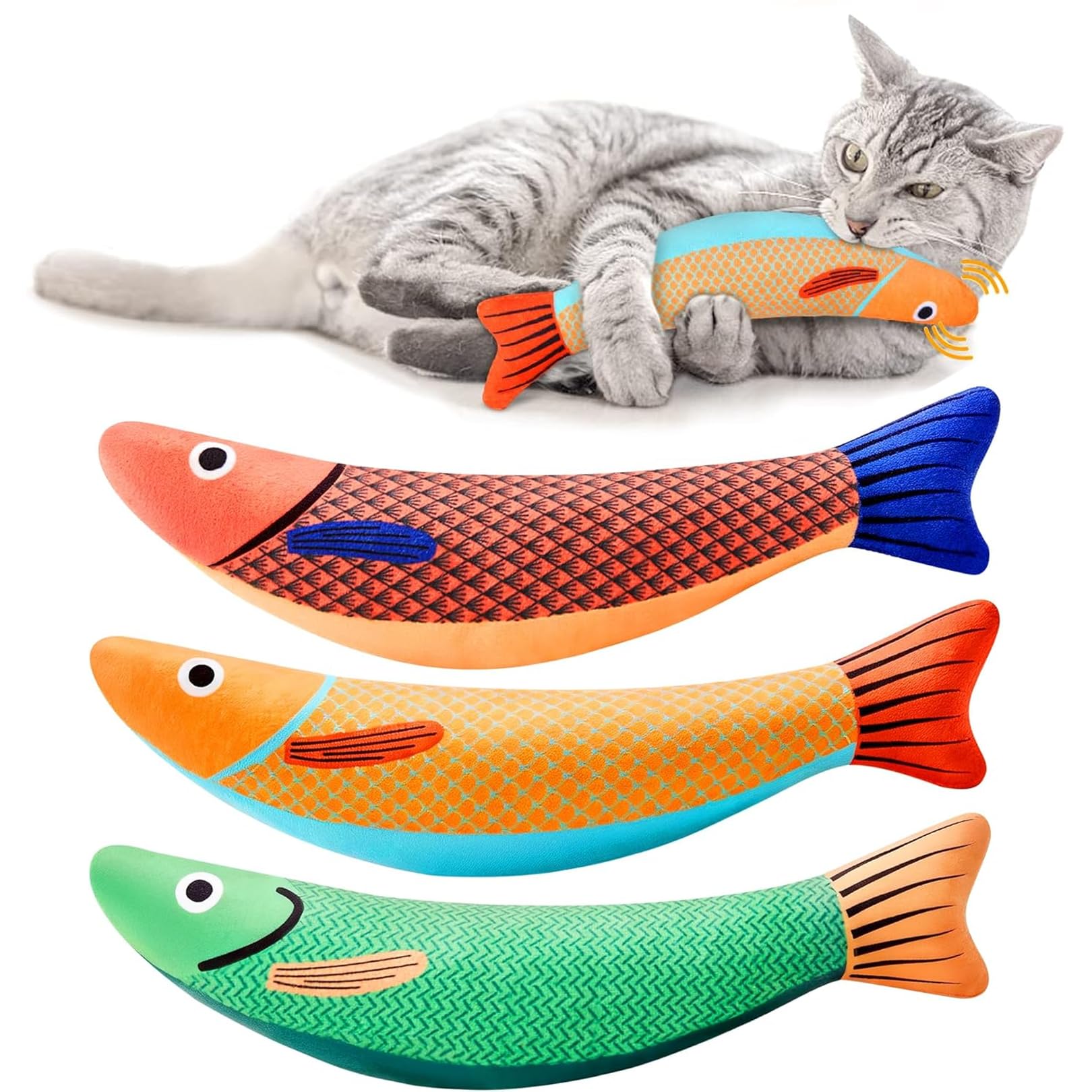 Solihigh Catnip Fish Toys for Cats, 3 Pack – Ultra Durable Cotton, Extra Potent Organic Catnip, Crinkle Sound, Interactive Kitten Kicker Toy for All Breeds