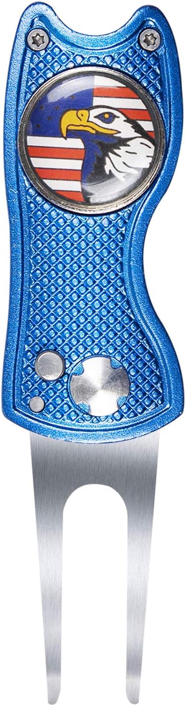 Metal Durable Switchblade Pop-up Button Golf Divot Tool Fold-able Portable Green Lawn Repair Detachable Ball Marker Golf Accessories（Blue/Eagle/Fish Shape）