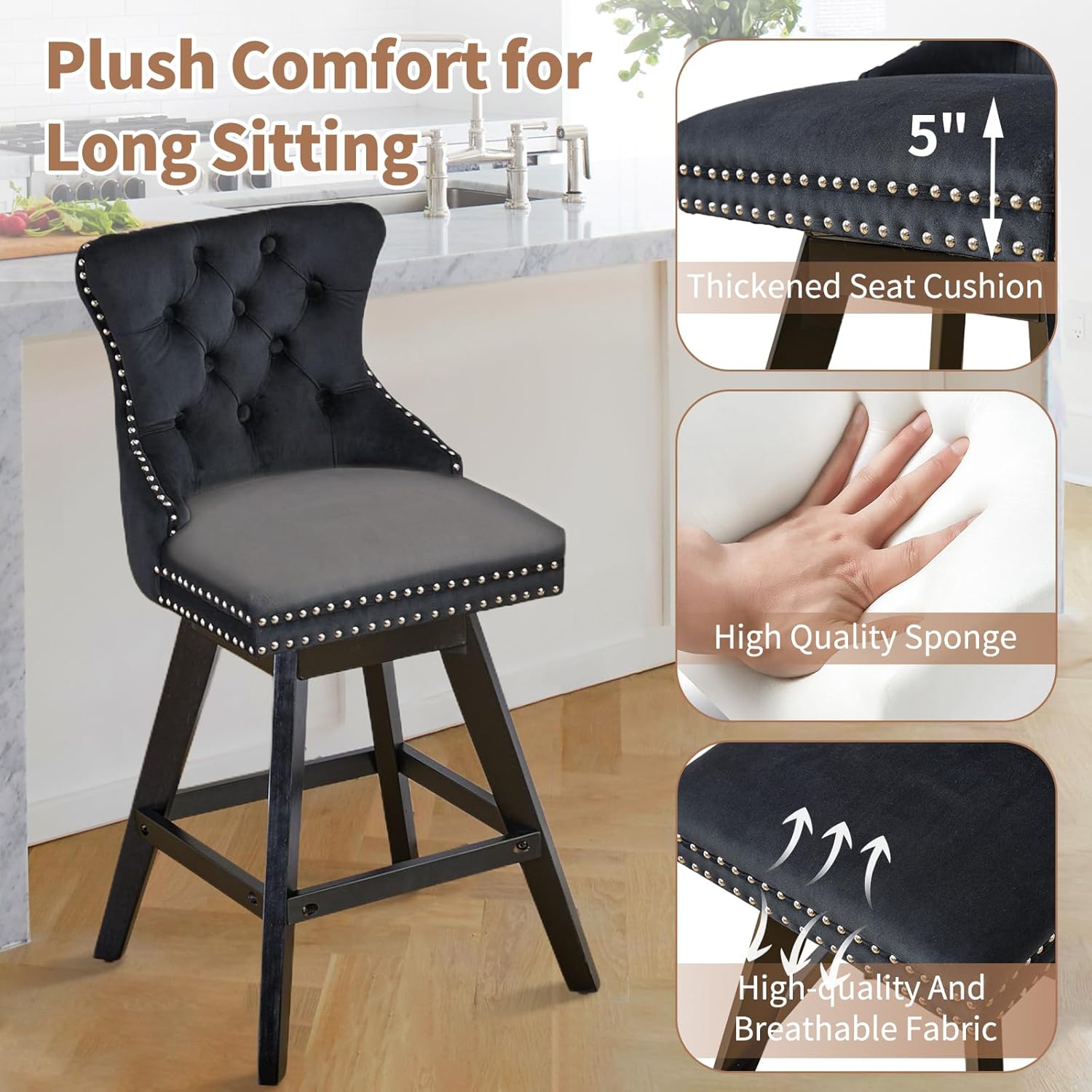 cinkehome Counter Height Swivel Bar Stools Set of 4, Velvet Upholstered Counter Bar Stools with Back, Bar Chairs with Solid Wood Legs for Kitchen Island Pub (Black, 26" H)