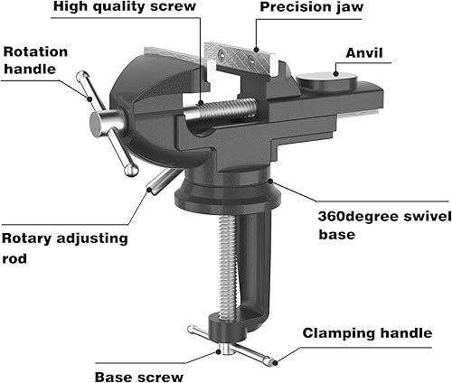 Miniatura 12 de Tornillo de banco 2 en 1 para banco de trabajo de 3.2 pulgadas - Abrazadera de banco multifuncional portátil de 360° con base giratoria