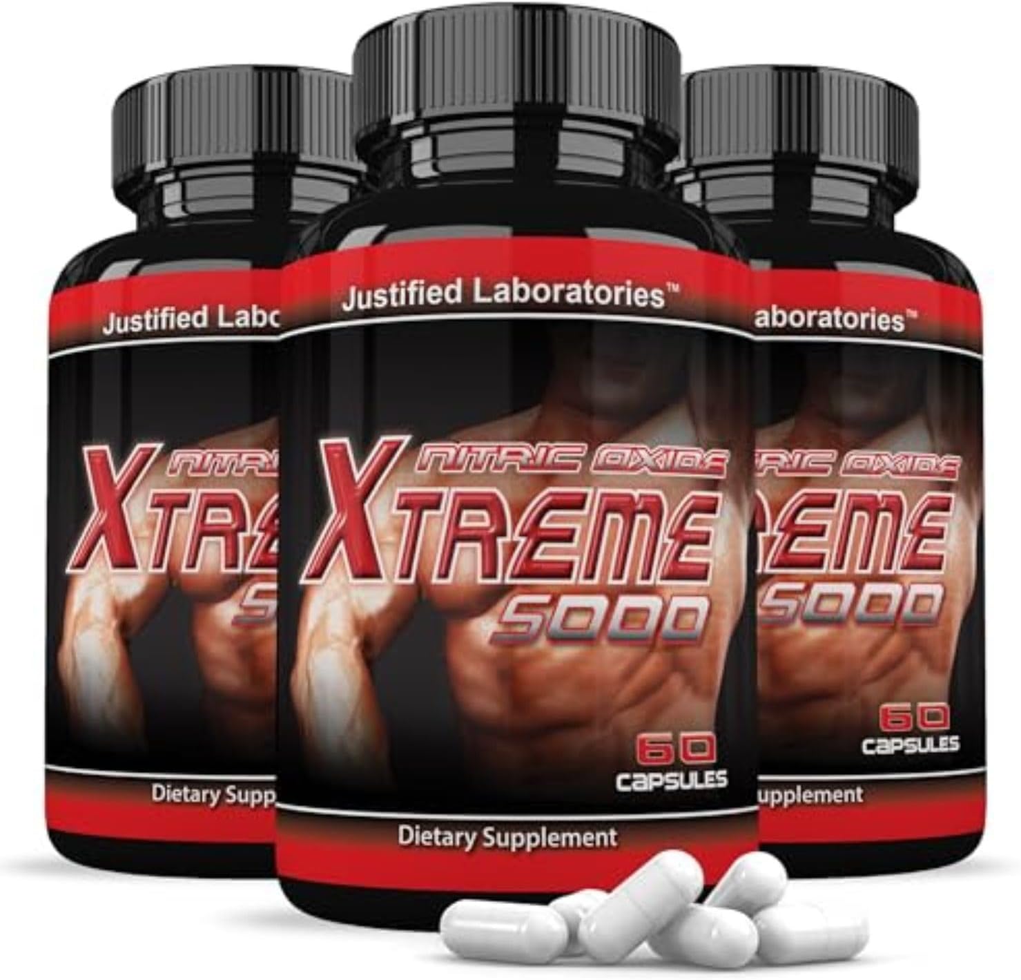 Justified Laboratories Nitric Oxide Xtreme 5000 - Men’s Health Supplement with L-Arginine for Strength, Stamina & Performance - 60 Capsules (Pack of 3)