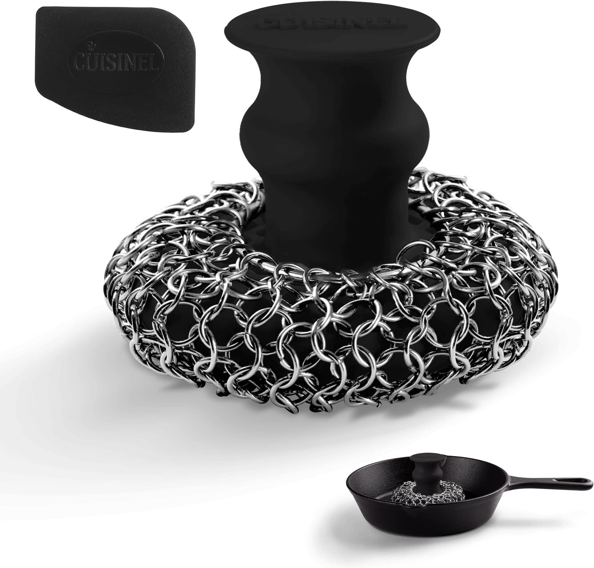 Cuisinel Cast Iron Chainmail Scrubber + Pan Scraper - Deluxe Ergonomic Stainless and Silicone Cleaner for Pots and Skillets - Food-Safe Design - Easy to Clean Dishwasher Safe Cookware Sponge Accessory